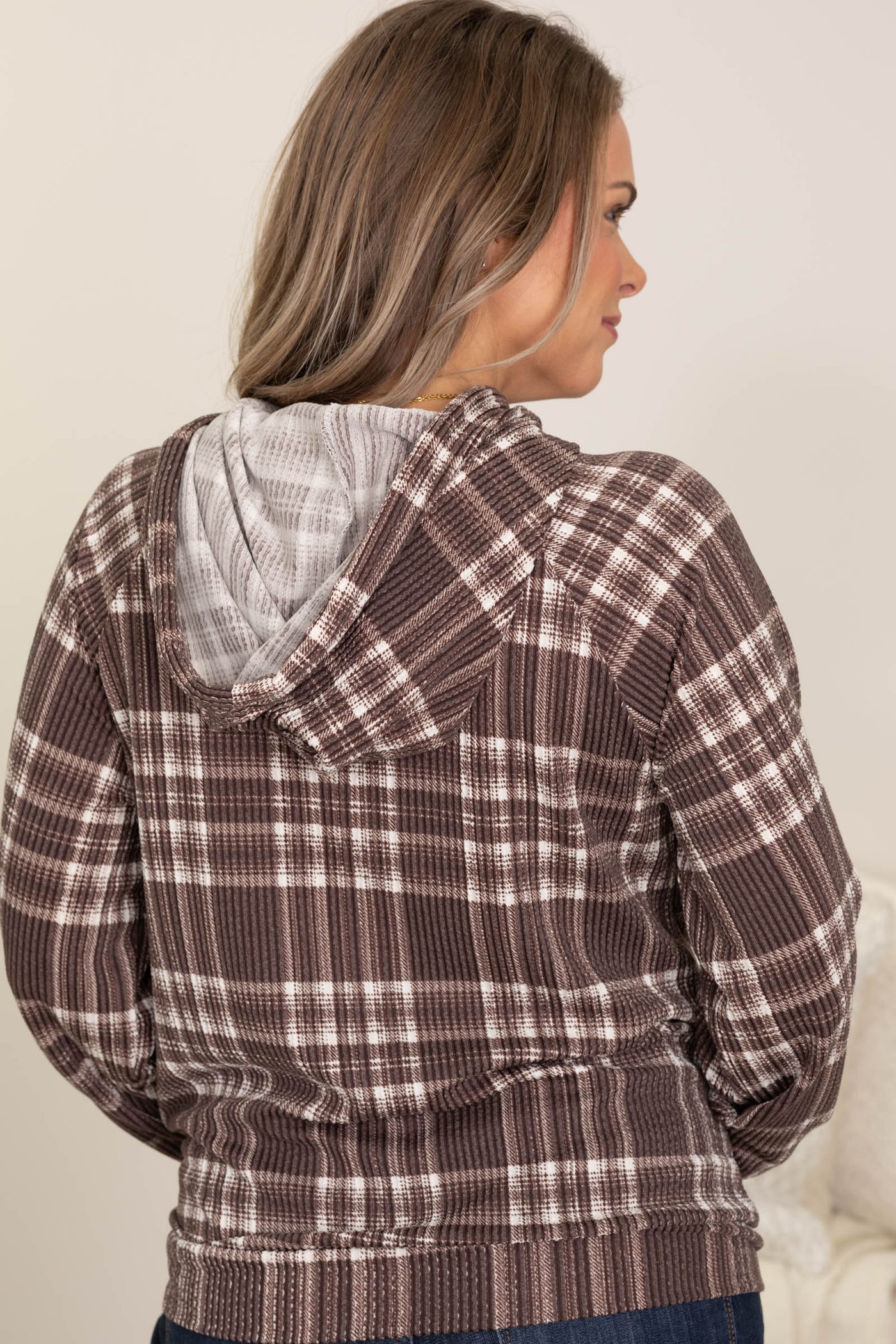 Brown Plaid Rib Knit Hoodie Top