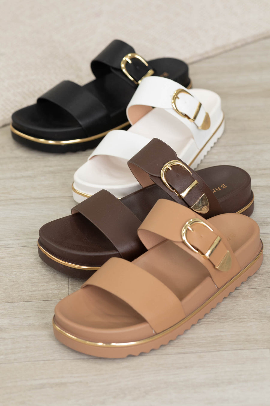 Faux Leather Platform Double Strap Slide Sandals
