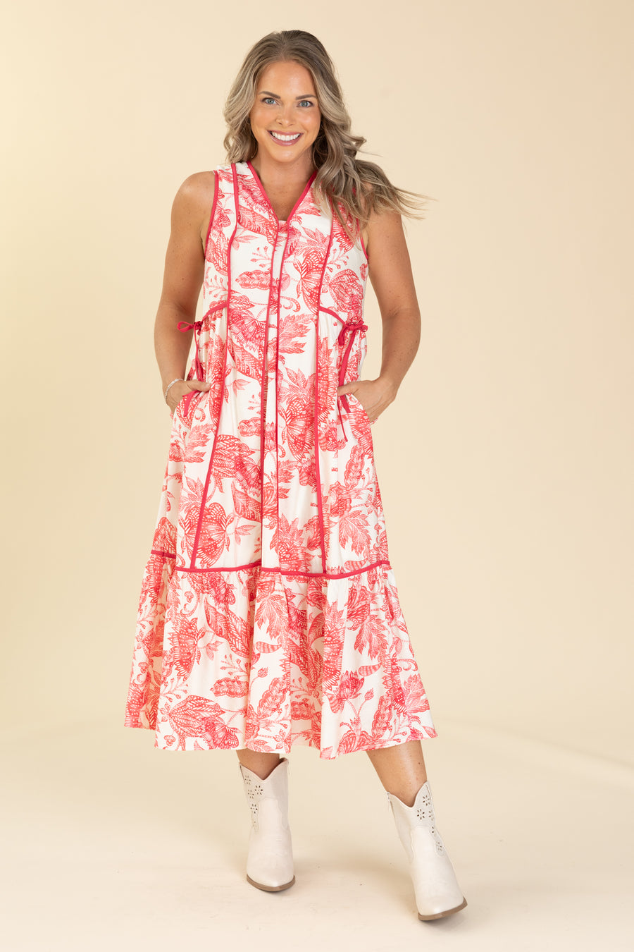 Fuchsia Side Tie Detail Midi Floral Dress