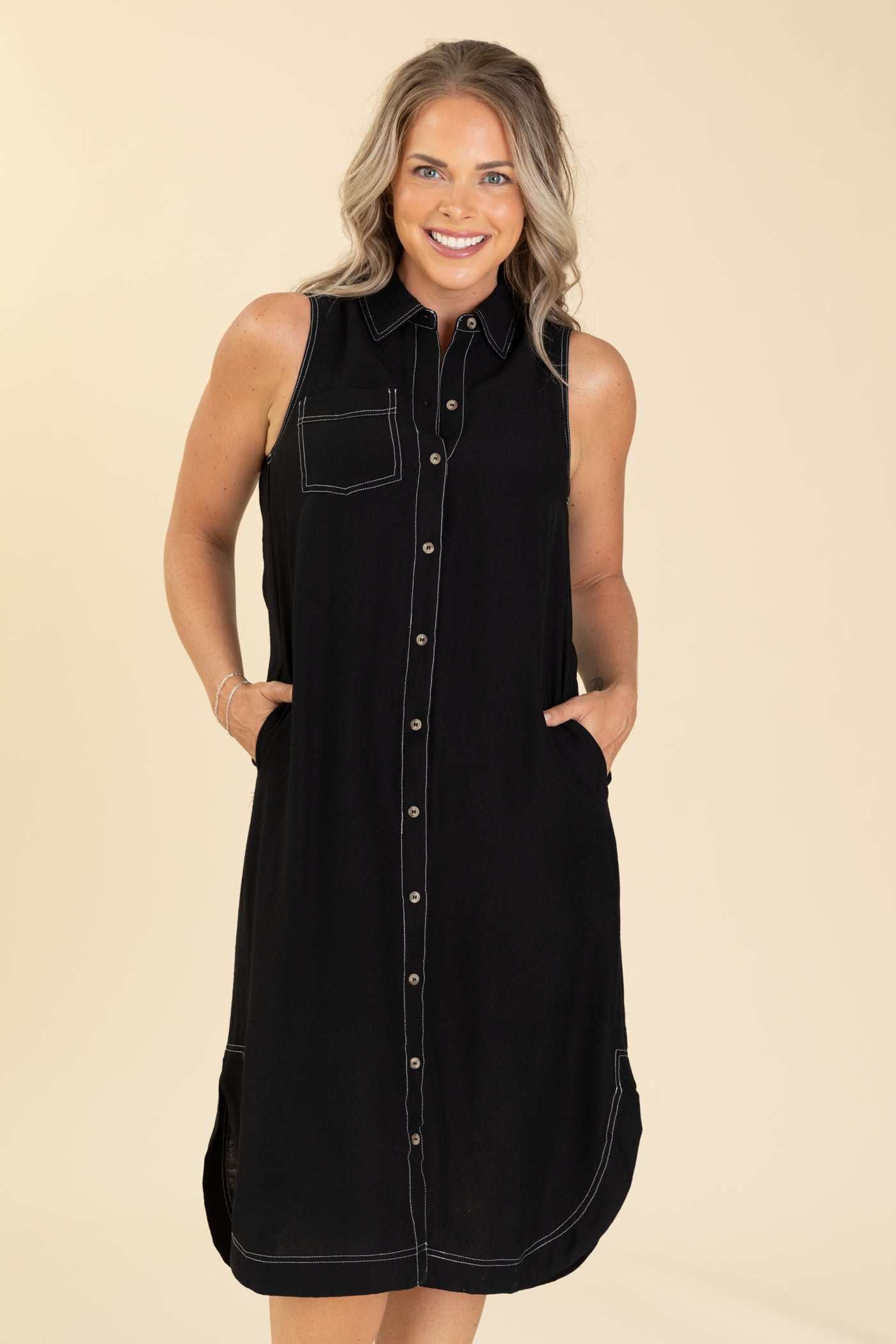 Black Button Up Midi Dress With White Stitch - S Black Button Up Midi Dress With White Stitch - S