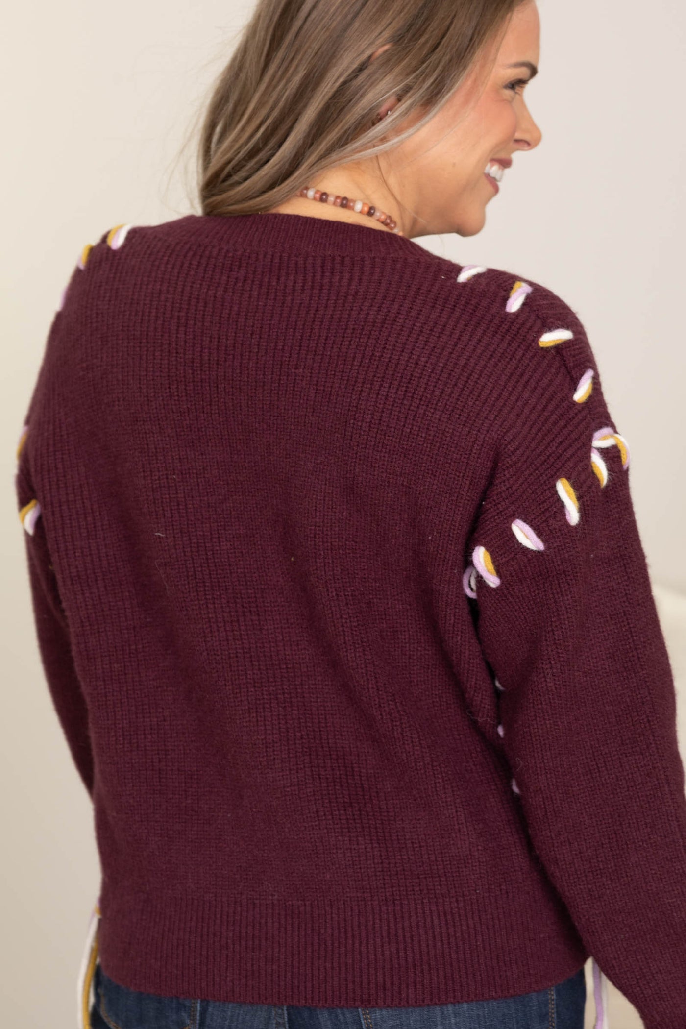 Berry Contrast Threading Sweater