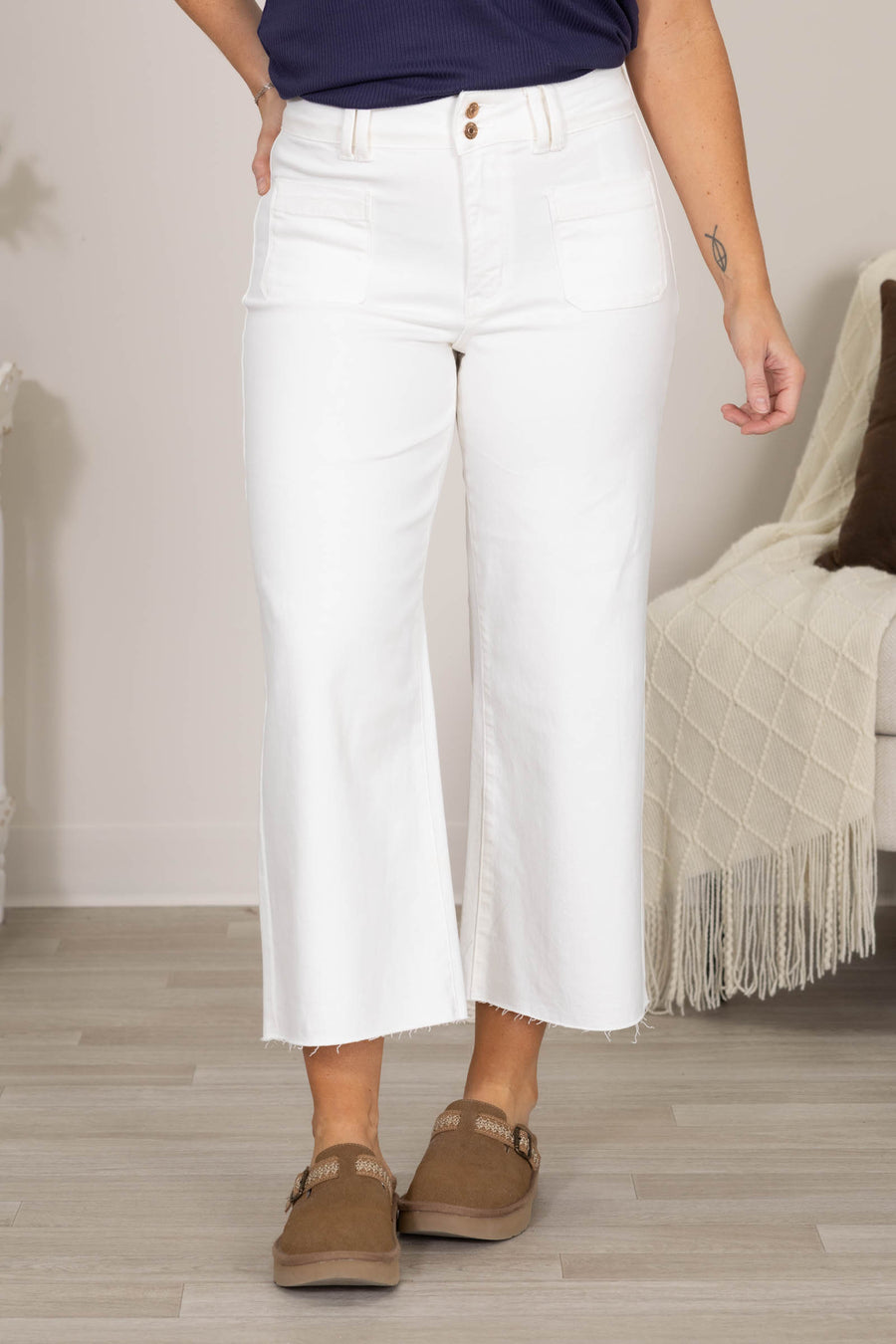 Judy Blue White Wide Crop Front Pocket Jeans