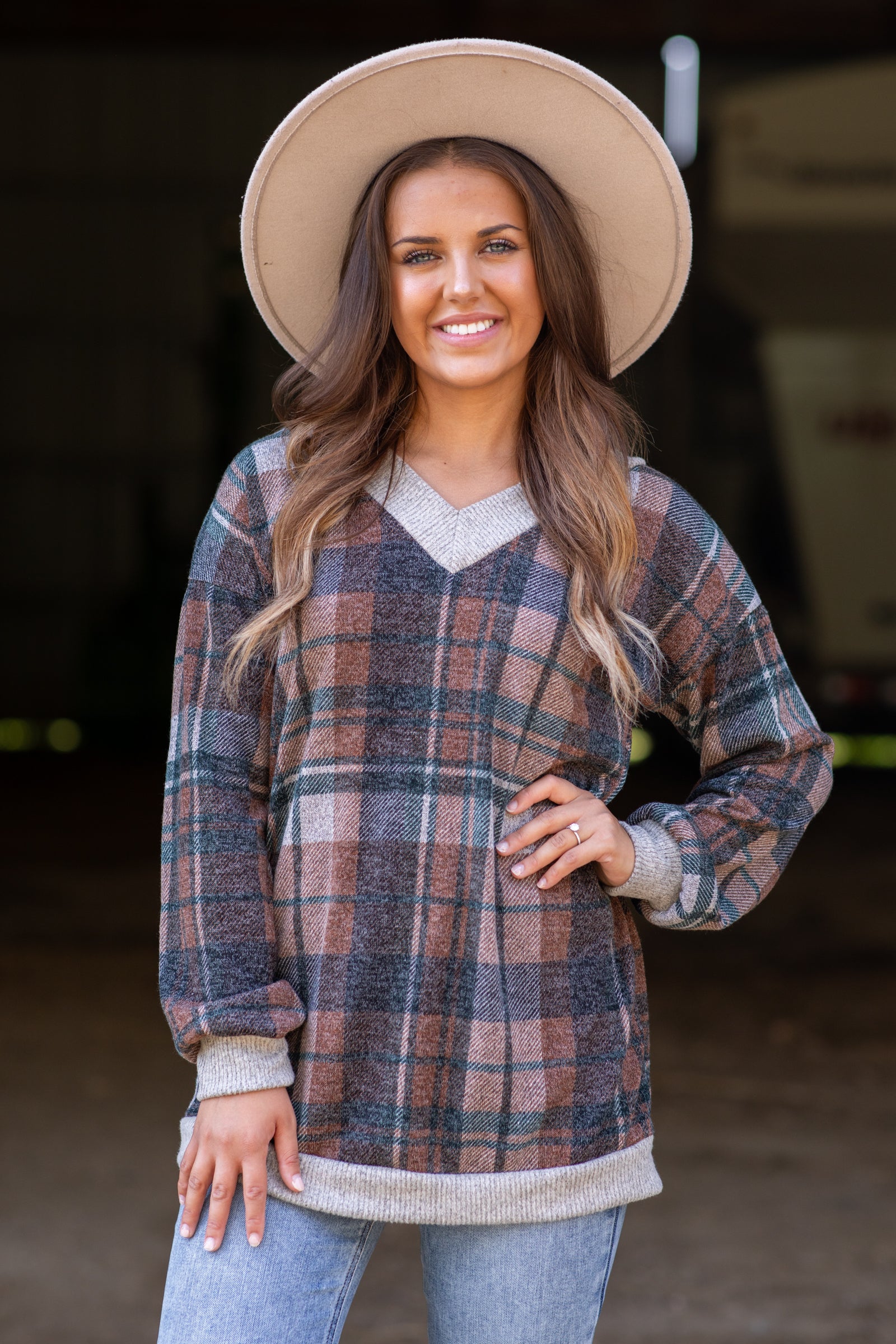 Brown and Cognac Plaid V-Neck Tunic