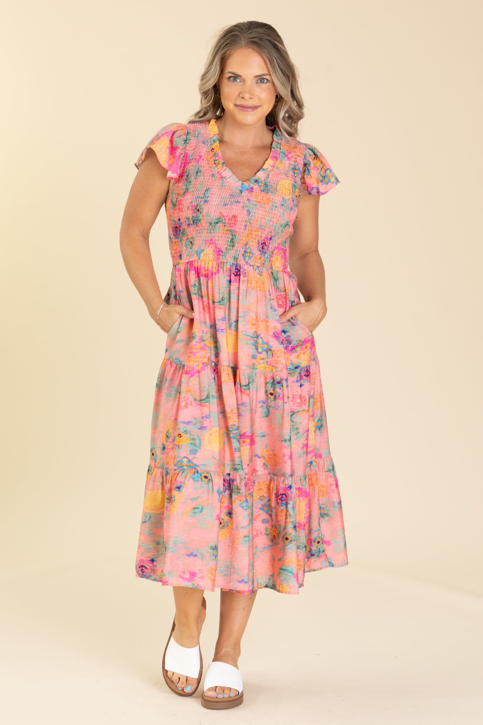 strapless open back dress Pink Multicolor Floral Smocked Maxi Dress · Filly Flair