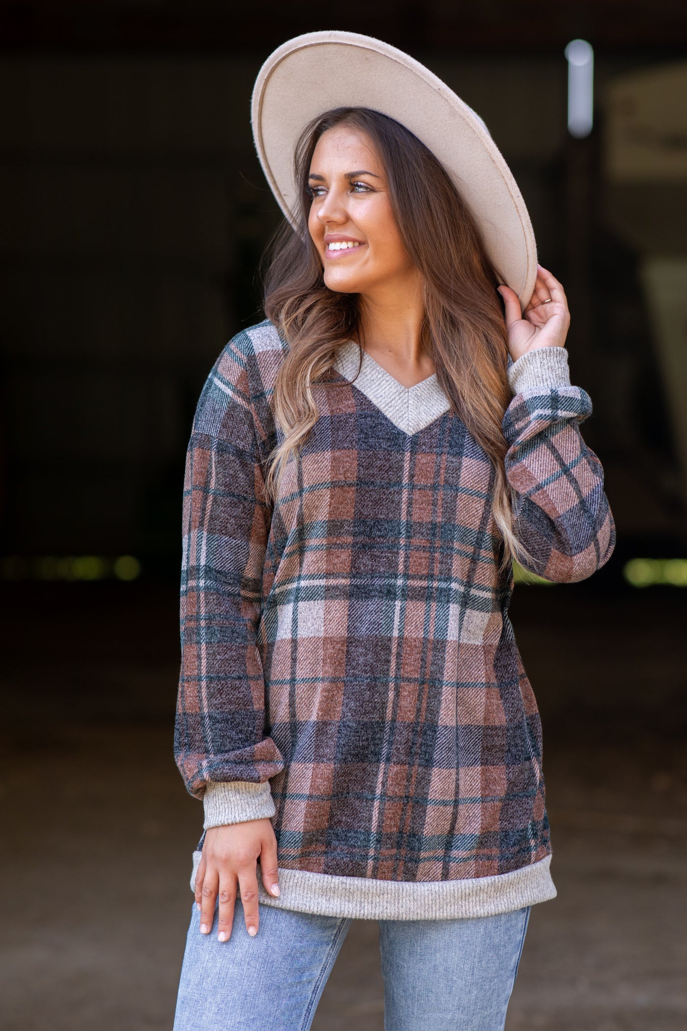 Brown and Cognac Plaid V-Neck Tunic