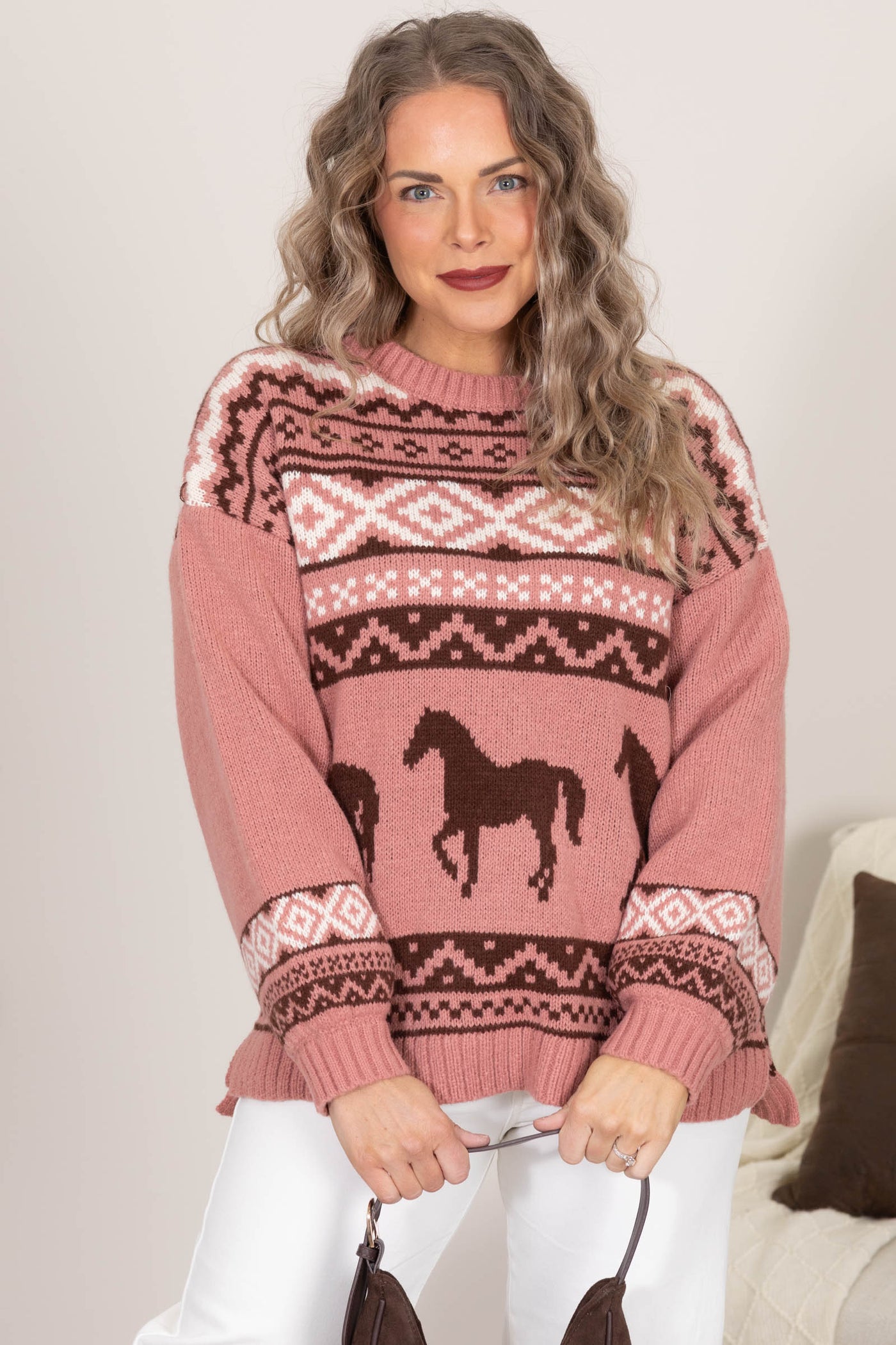 Dusty Rose Western Print Cozy Sweater