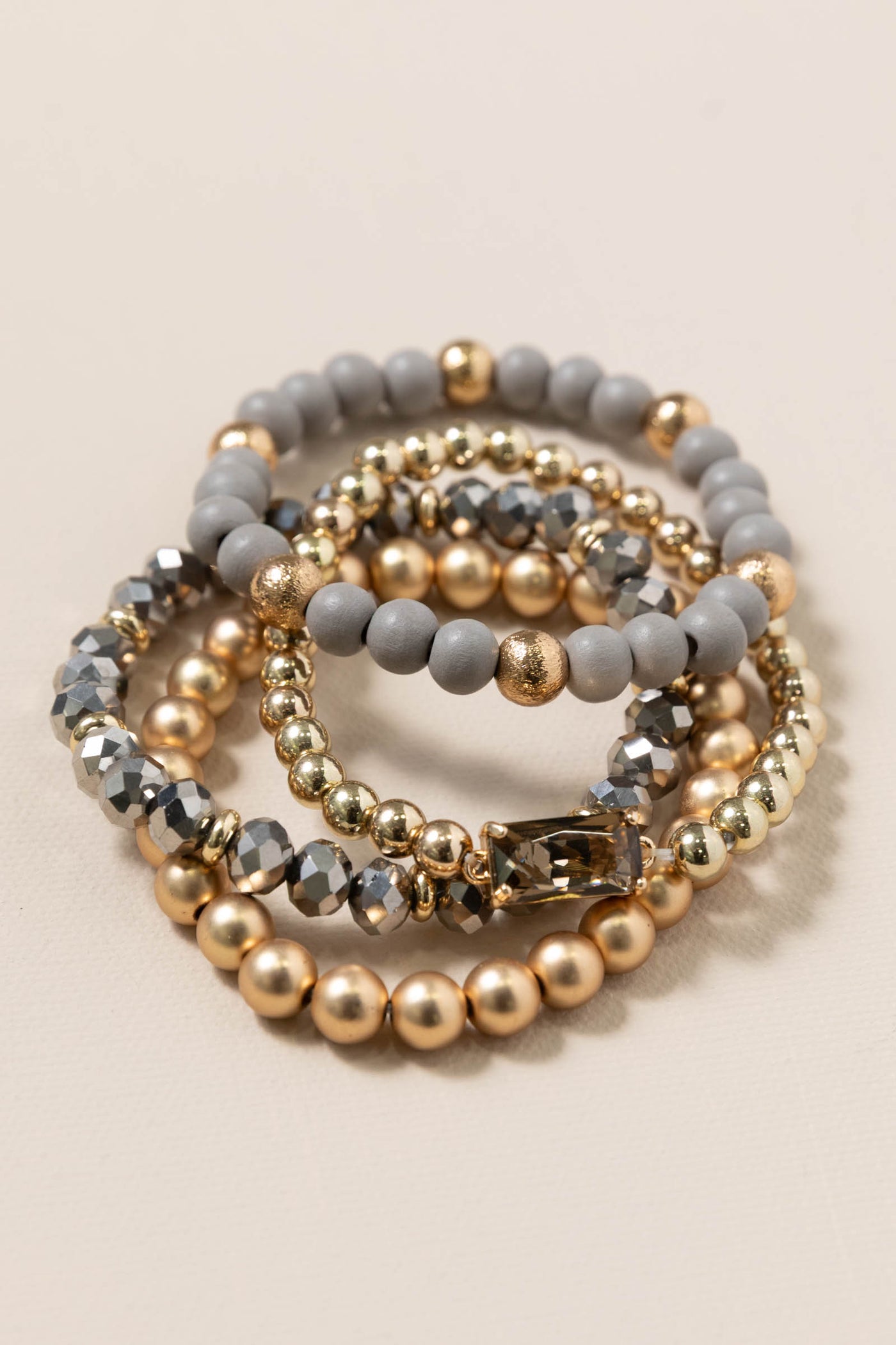 Grey Wood Crystal Beaded Set of 4 Bracelets