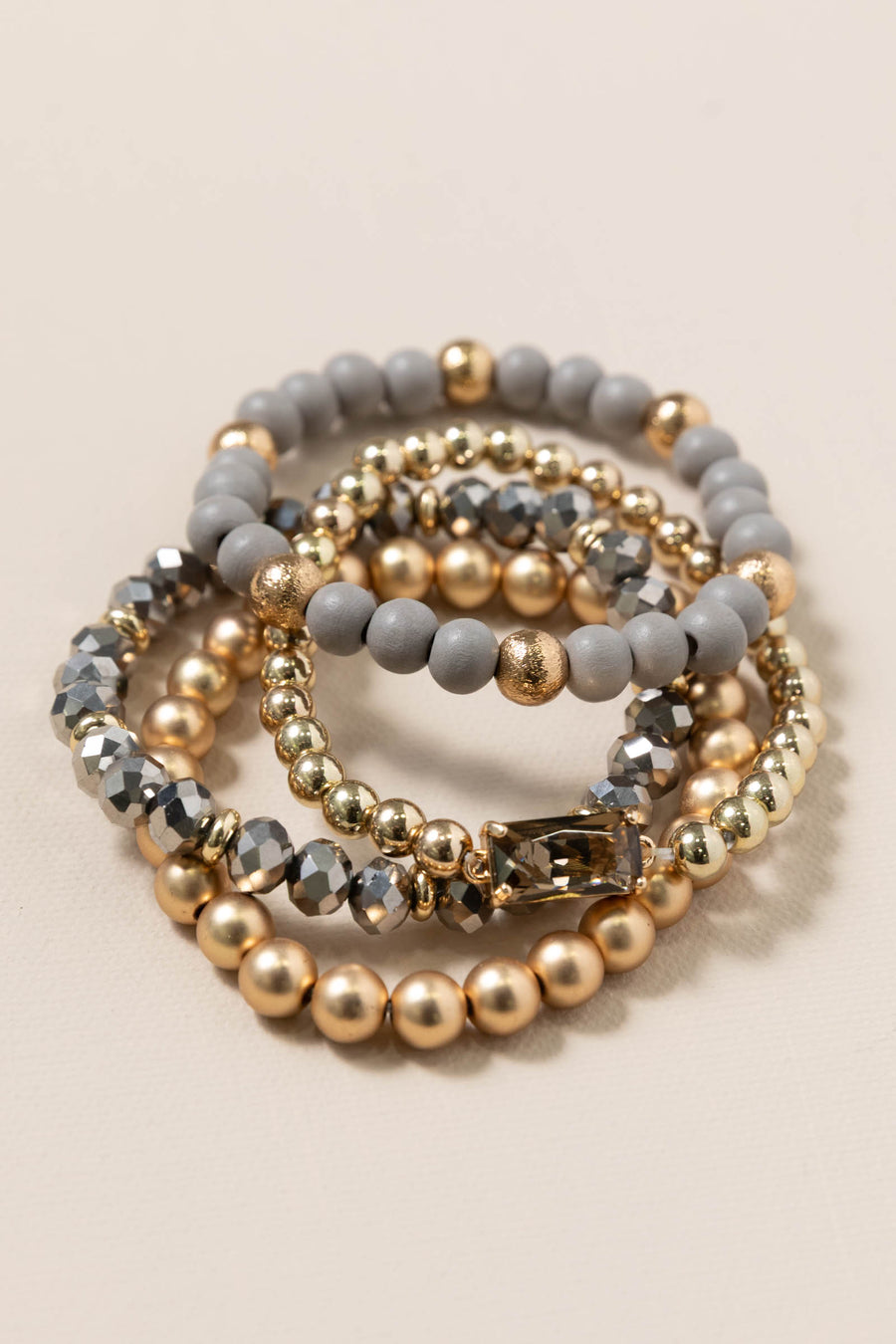 Grey Wood Crystal Beaded Set of 4 Bracelets