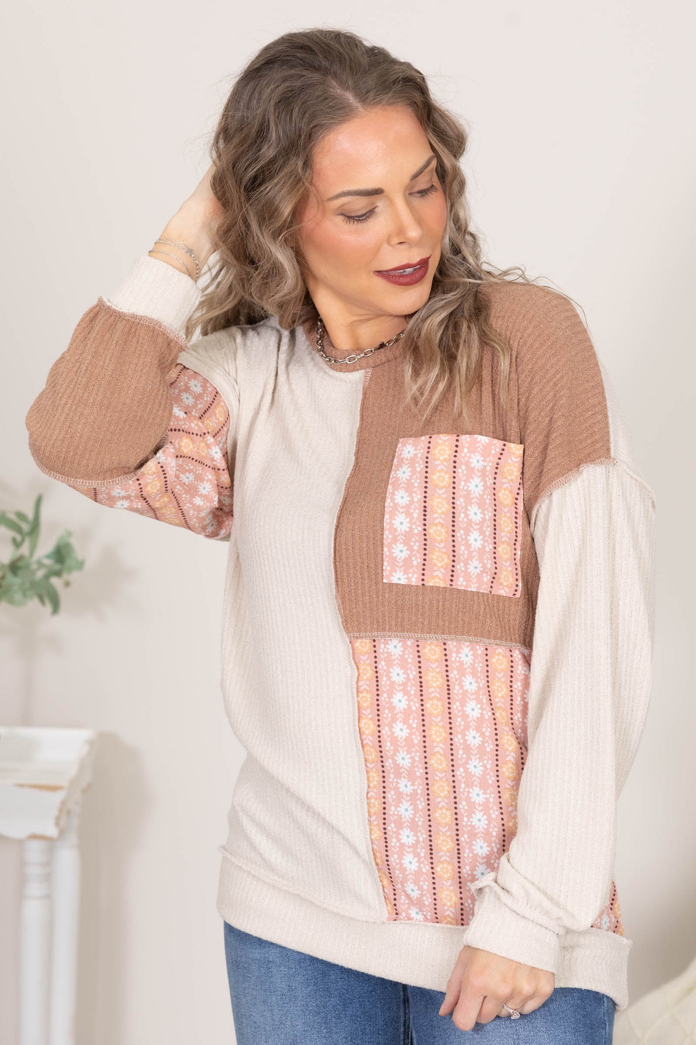 Beige And Blush Floral Patchwork Knit Top