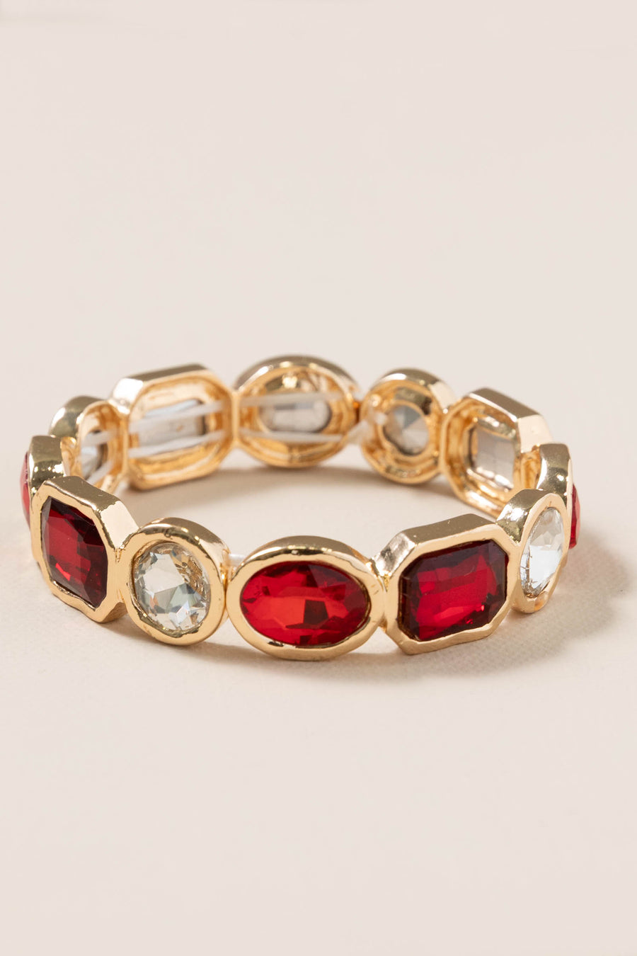 Gold Red and Clear Crystals Stretch Bracelet