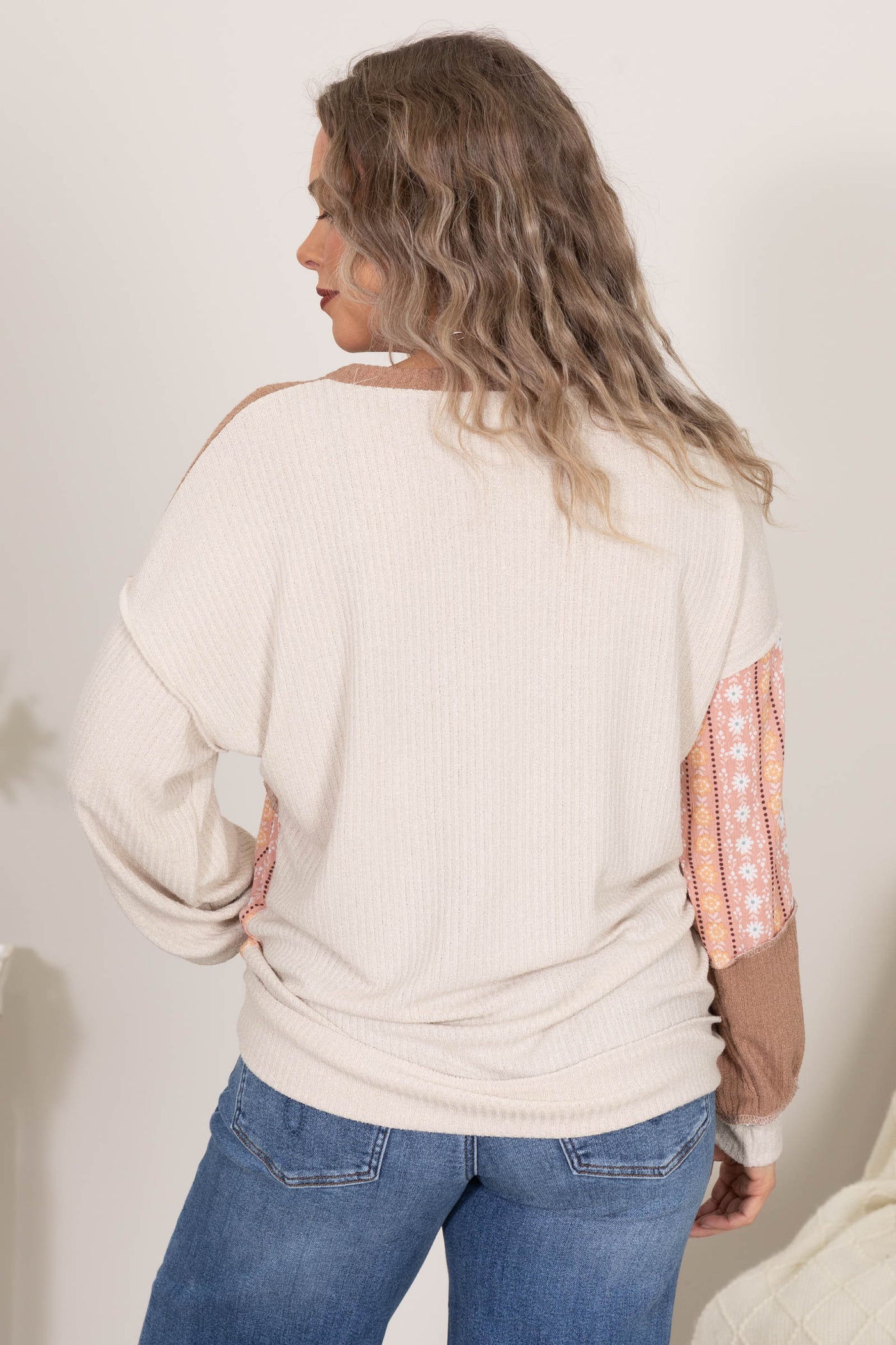 Beige And Blush Floral Patchwork Knit Top