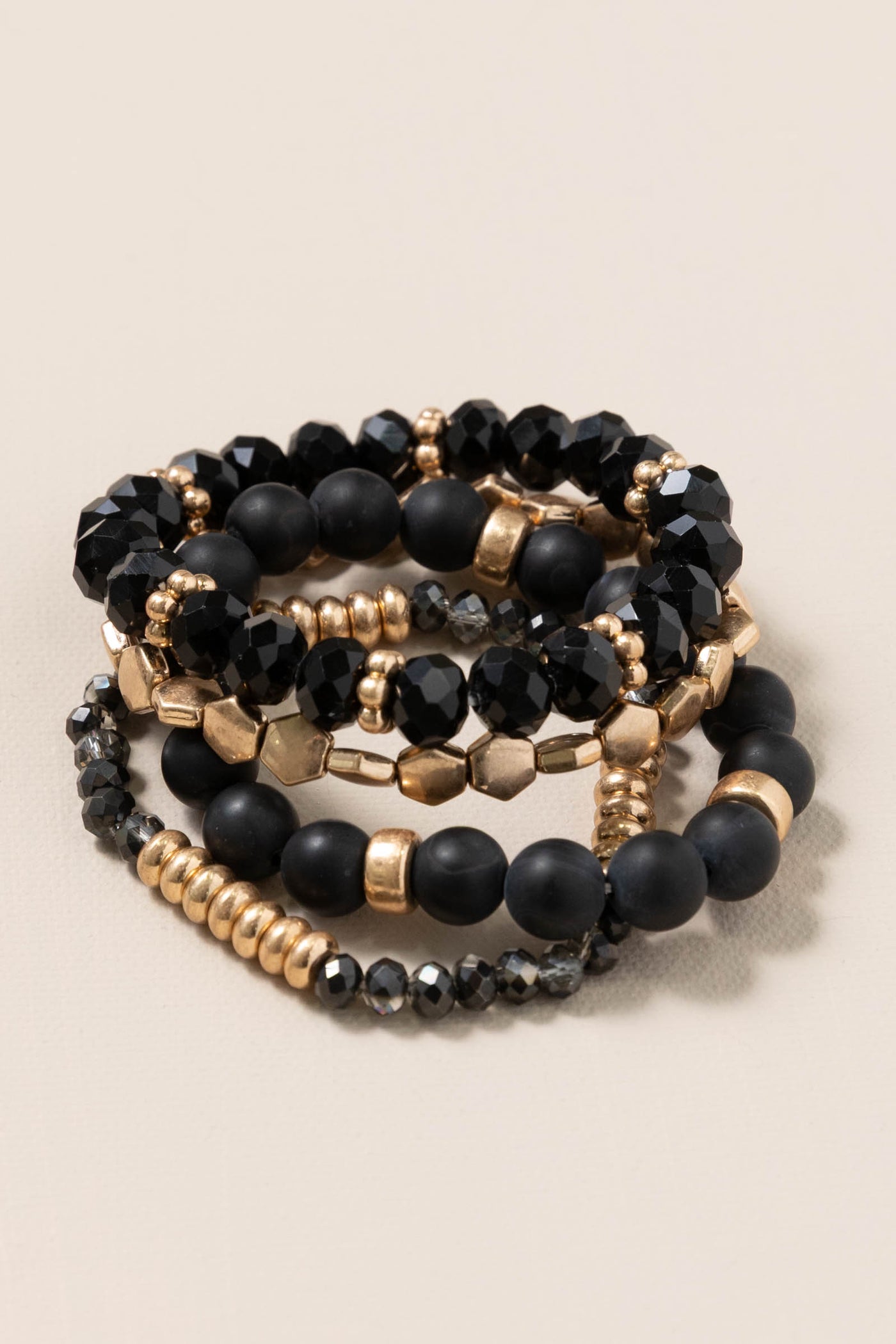 Set of 4 Black Natural Stone Stretch Bracelets
