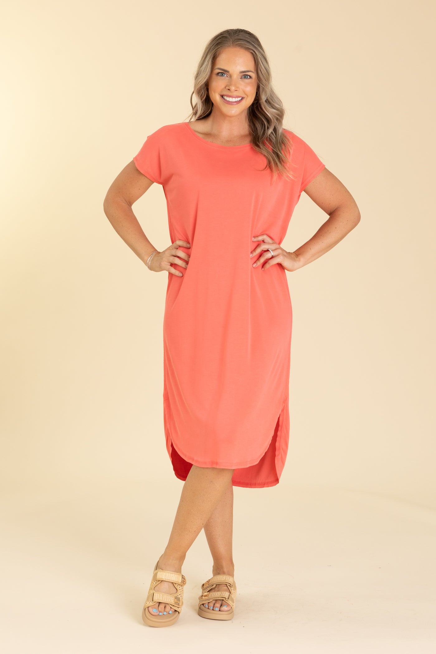 Tee Shirt Soft Knit High Low Round Hem Dress Tee Shirt Soft Knit High Low Round Hem Dress