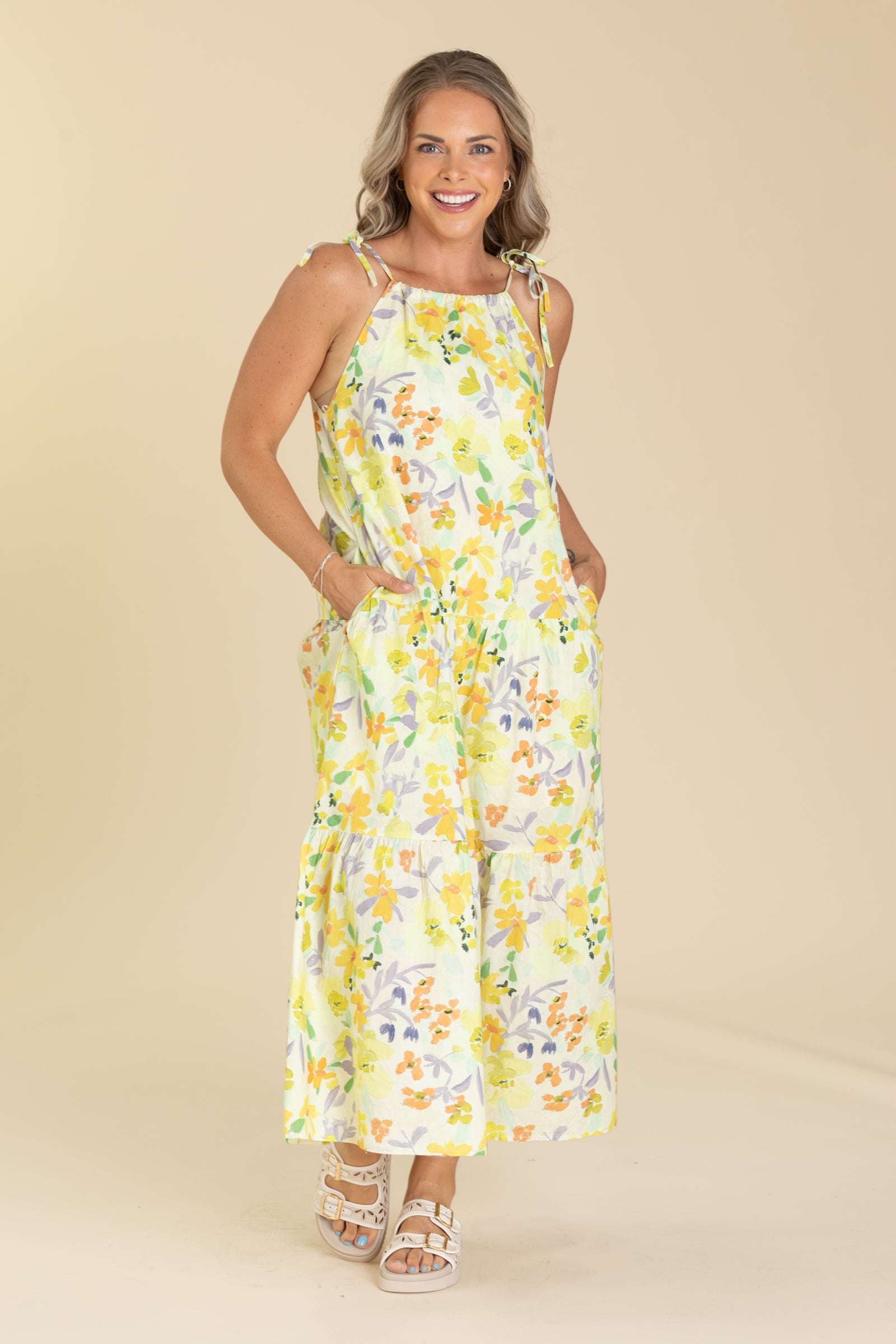 Yellow Floral Print Tiered Maxi Dress  Filly Flair
