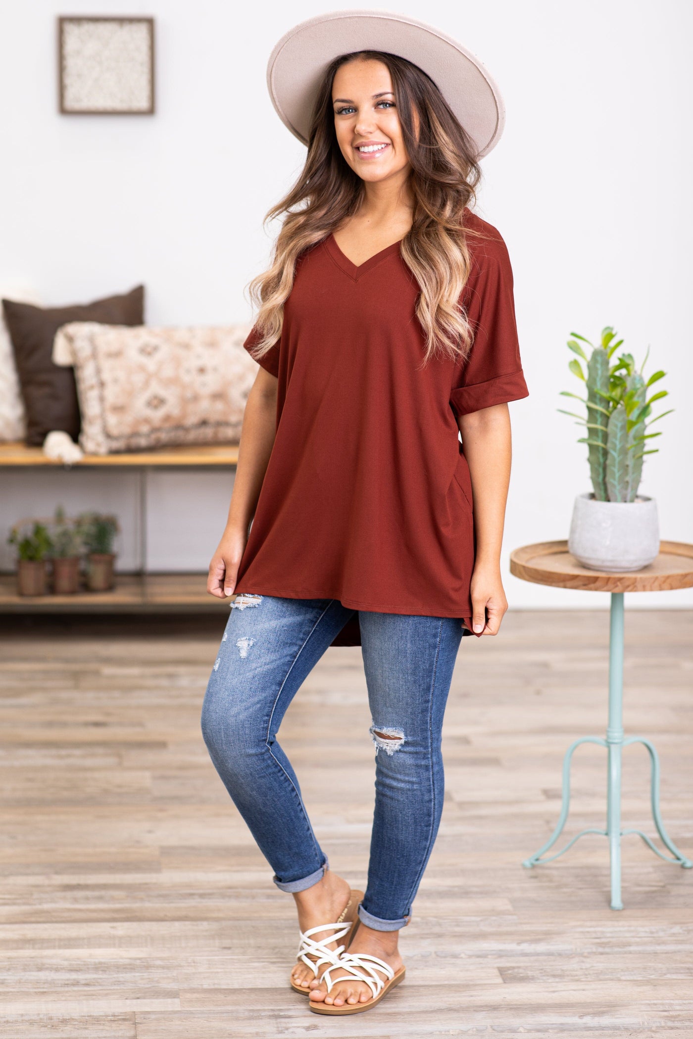 Rust V-Neck Roll Sleeve Hi Lo Top - Filly Flair