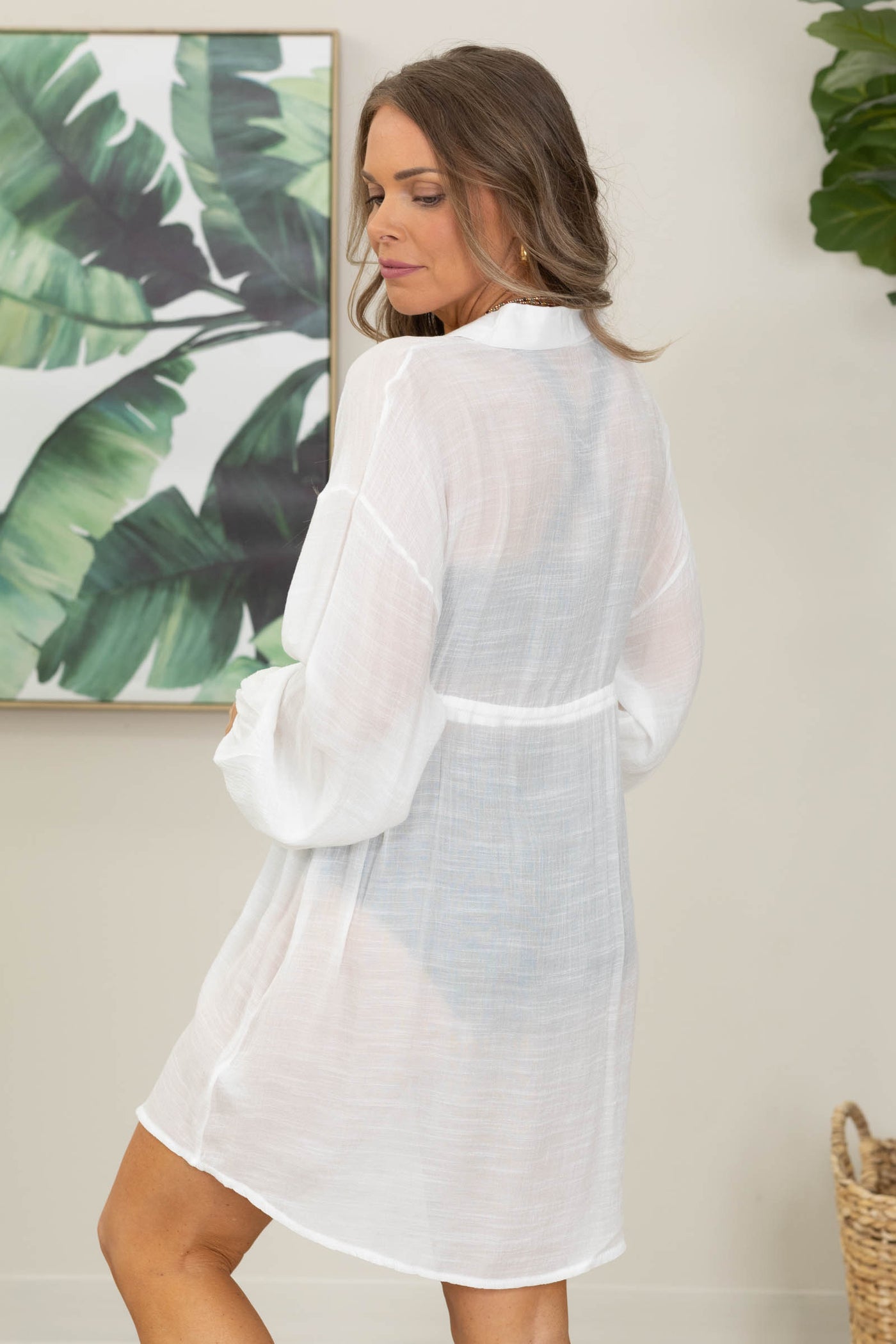 White Oversized Drawstring Shirt Coverup