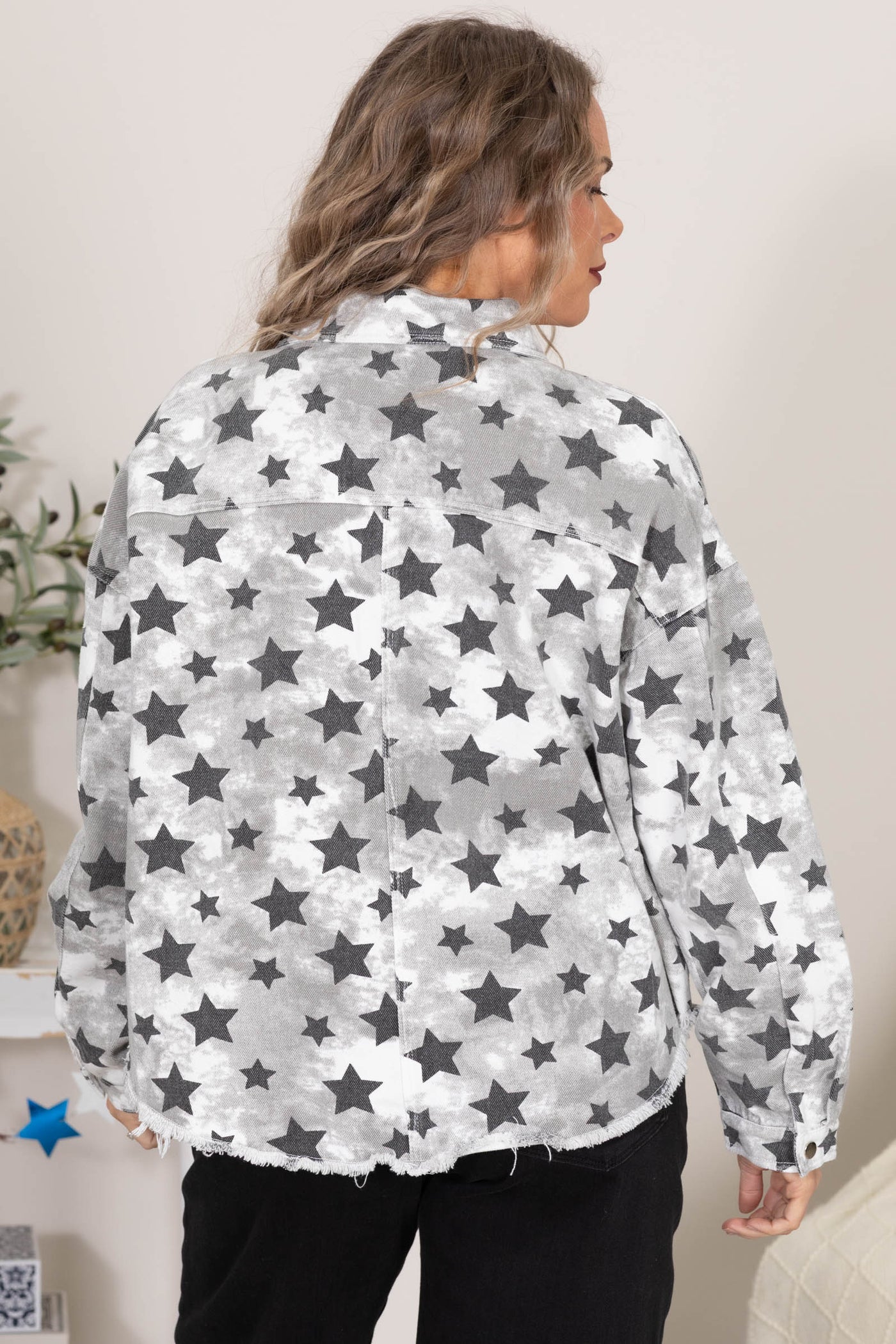 White And Grey Tie Dye Star Print Denim Jacket