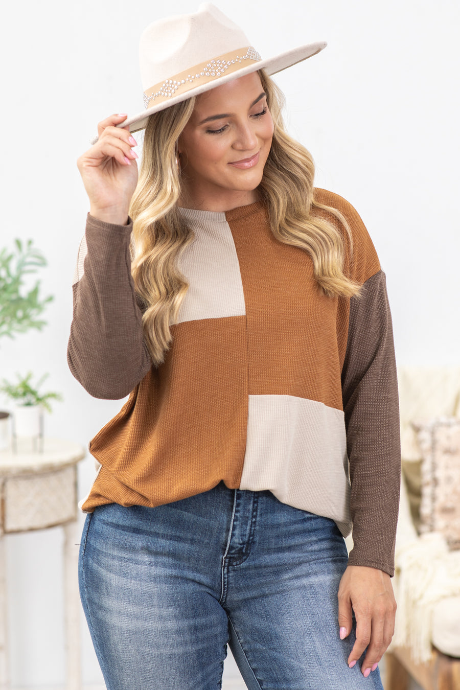 Camel And Beige Colorblock Waffle Knit Top