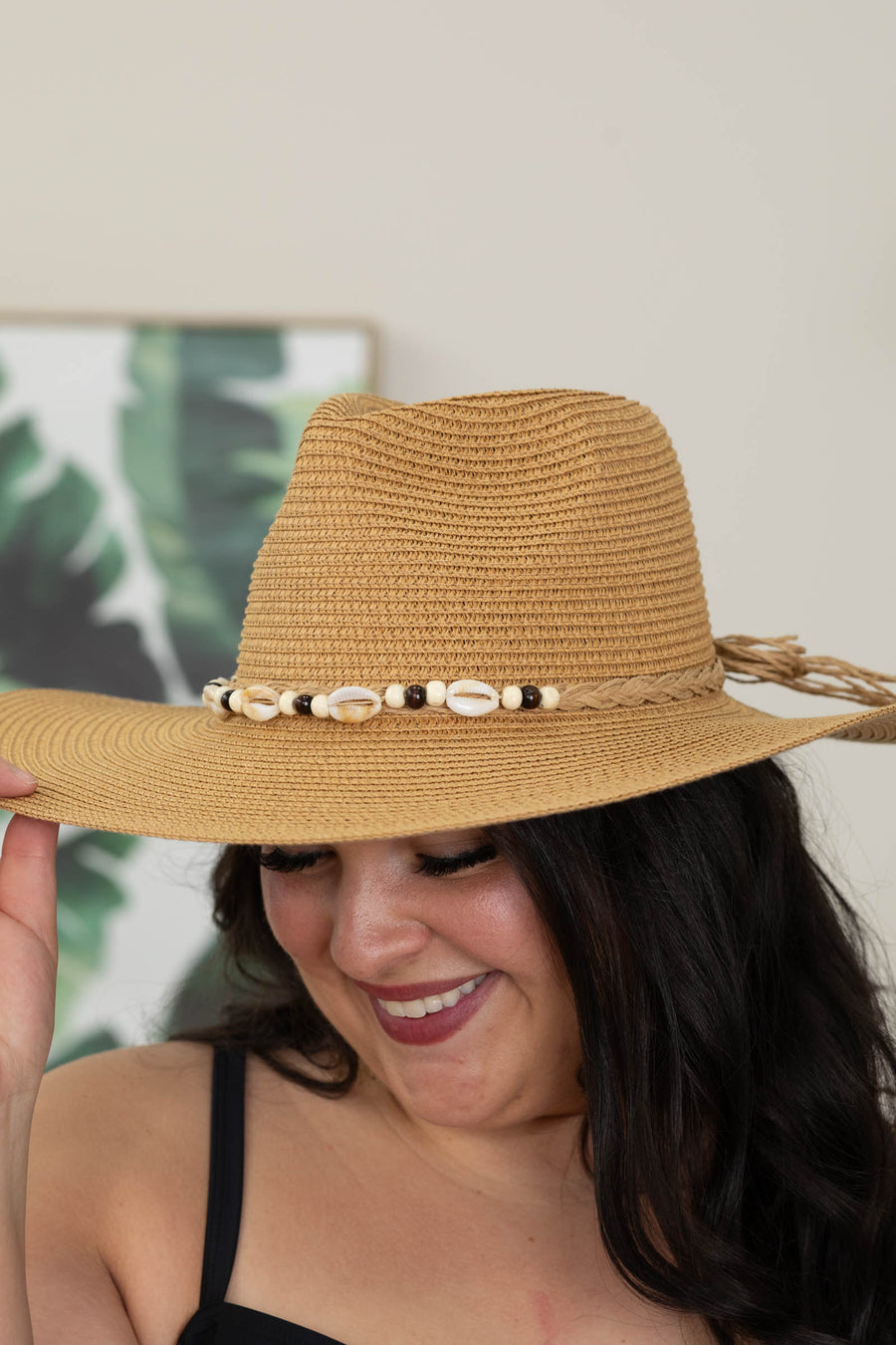 Tan Beaded Seashell Straw Hat