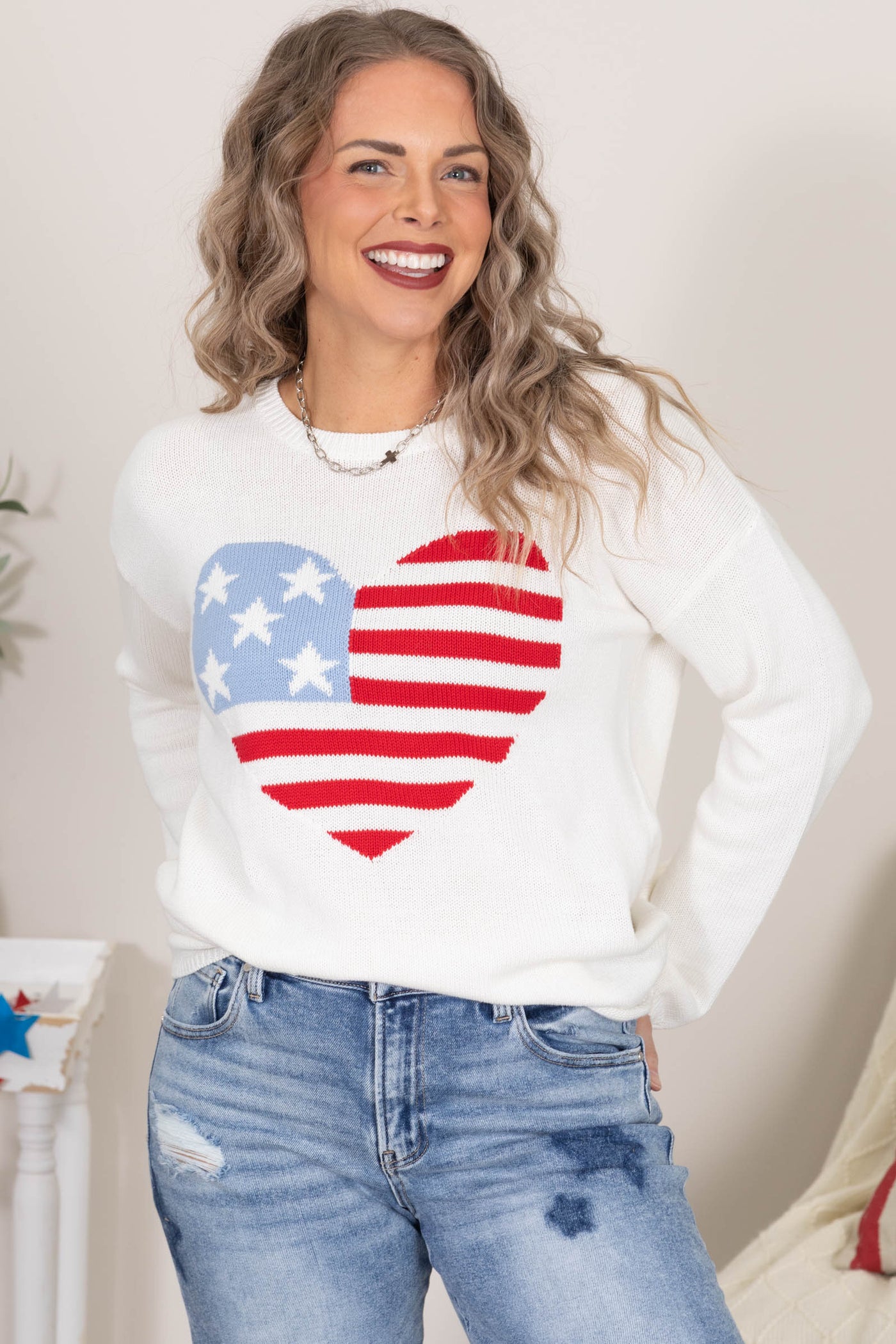 Ivory American Flag Heart Sweater Top