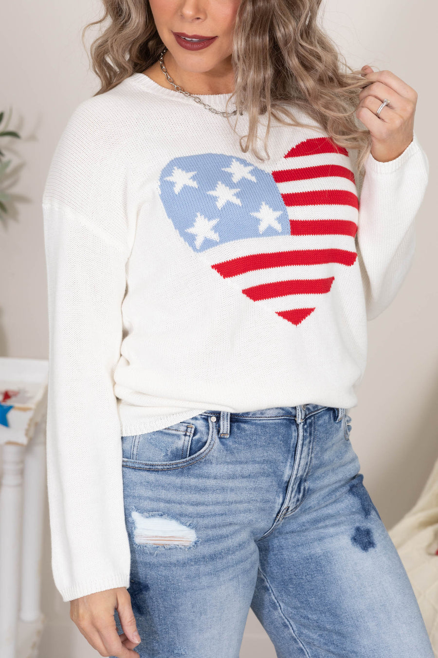 Ivory Amerian Flag Heart Sweater Top