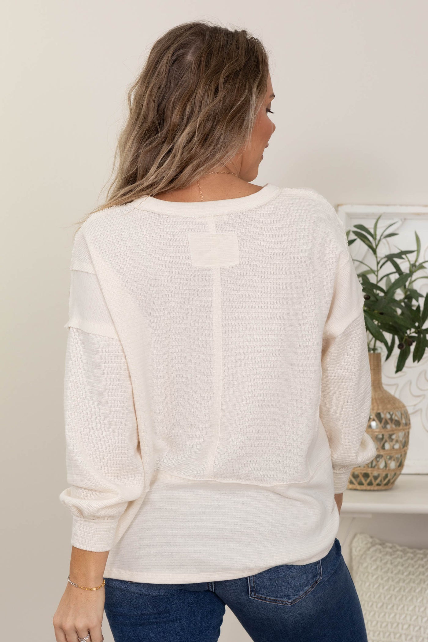 Split Neck Solid Patchwork Knit Tops