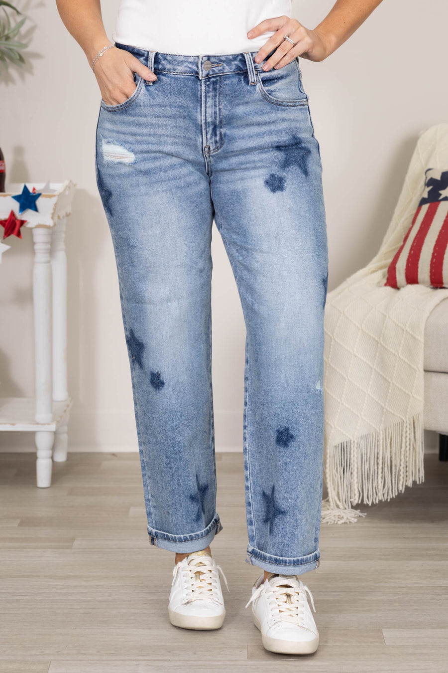 Risen Mid Rise Boyfriend Star Shadow Cuffed Jeans