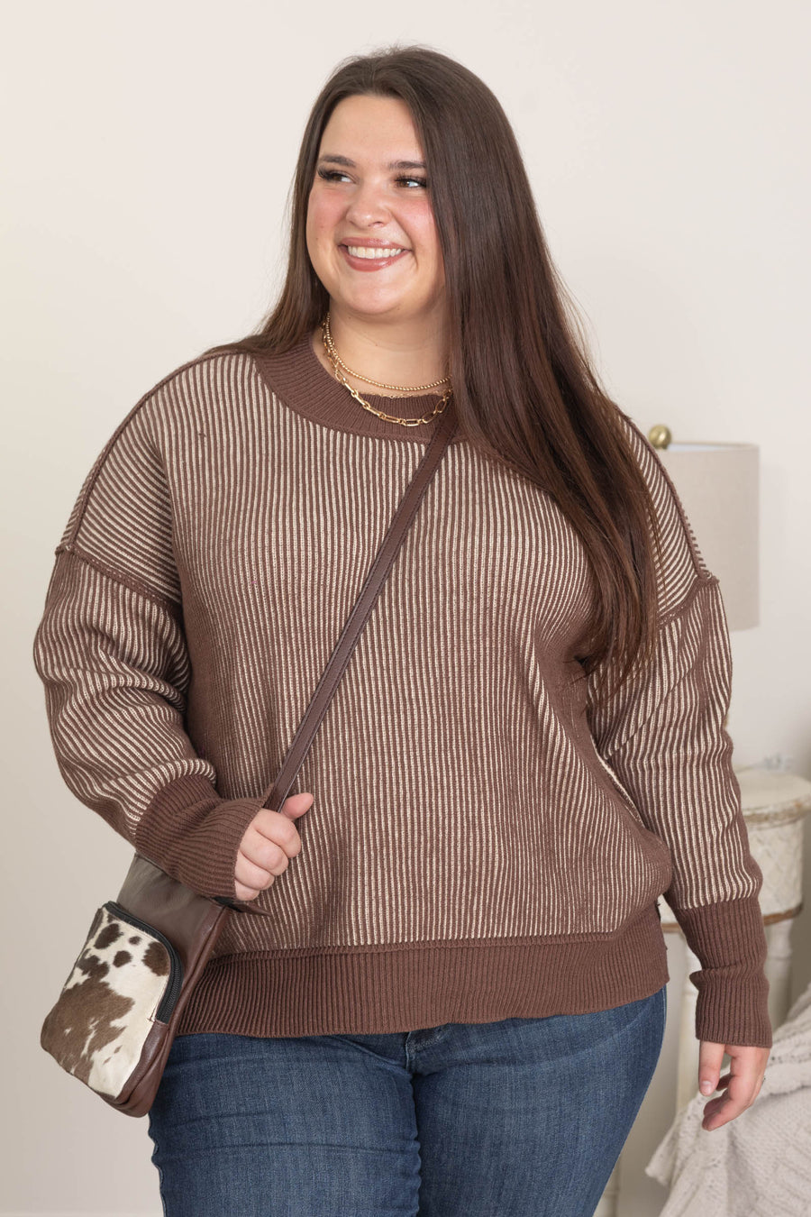 Brown Exposed Seam Two Tone Sweater
