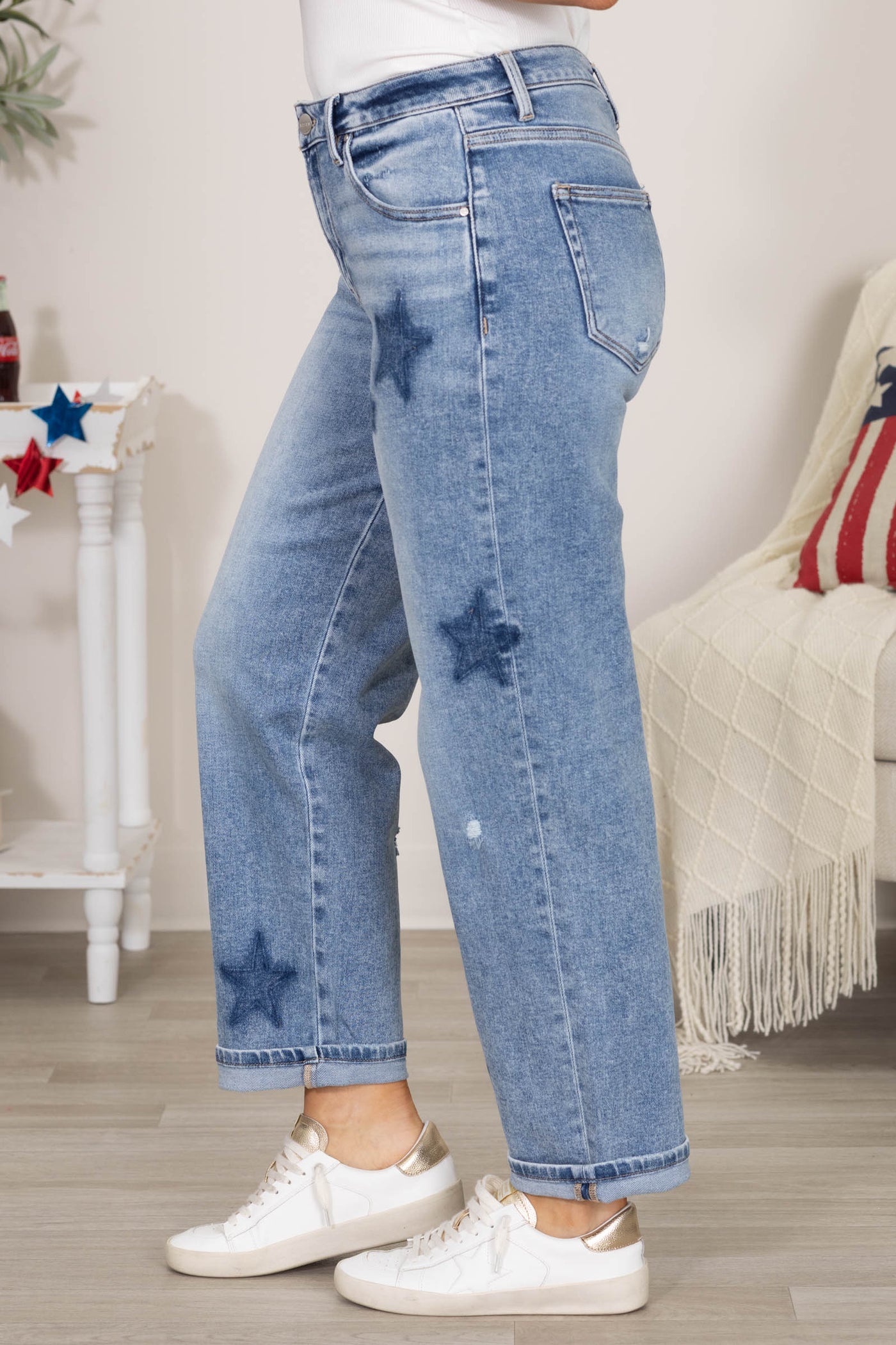 Risen Mid Rise Boyfriend Star Shadow Cuffed Jeans