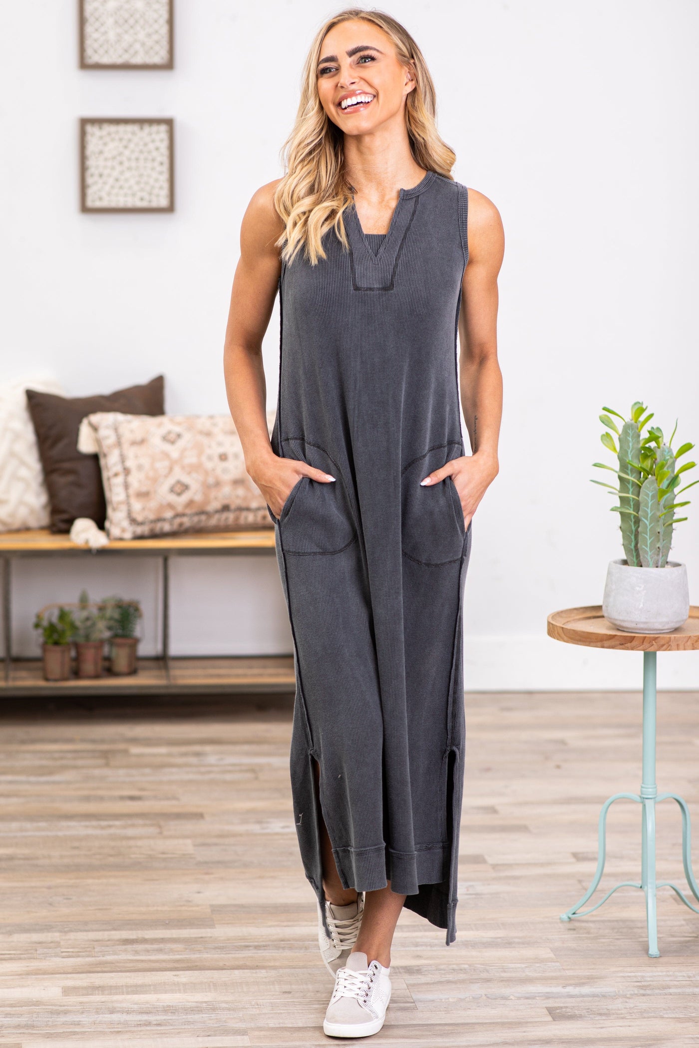 Charcoal Washed Notch Neck Maxi Dress - Filly Flair