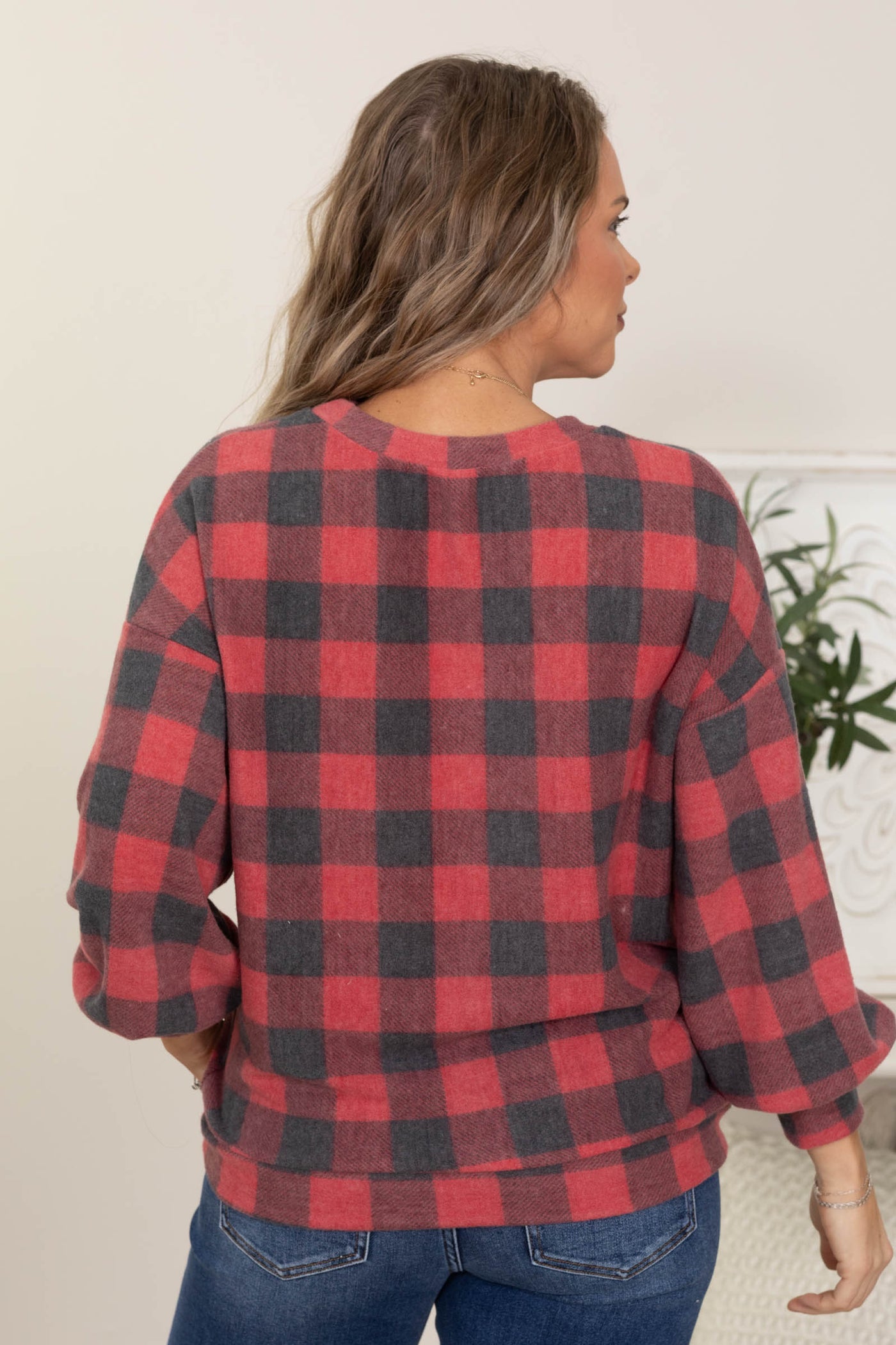 Buffalo Check Plaid Hacci Knit Tops