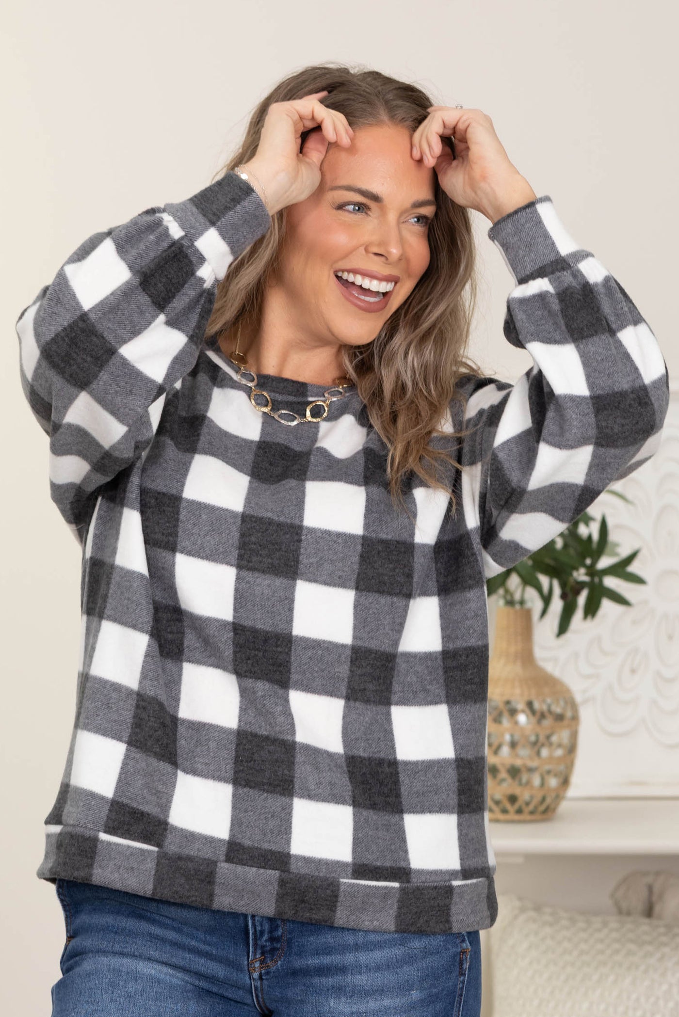 Buffalo Check Plaid Hacci Knit Tops