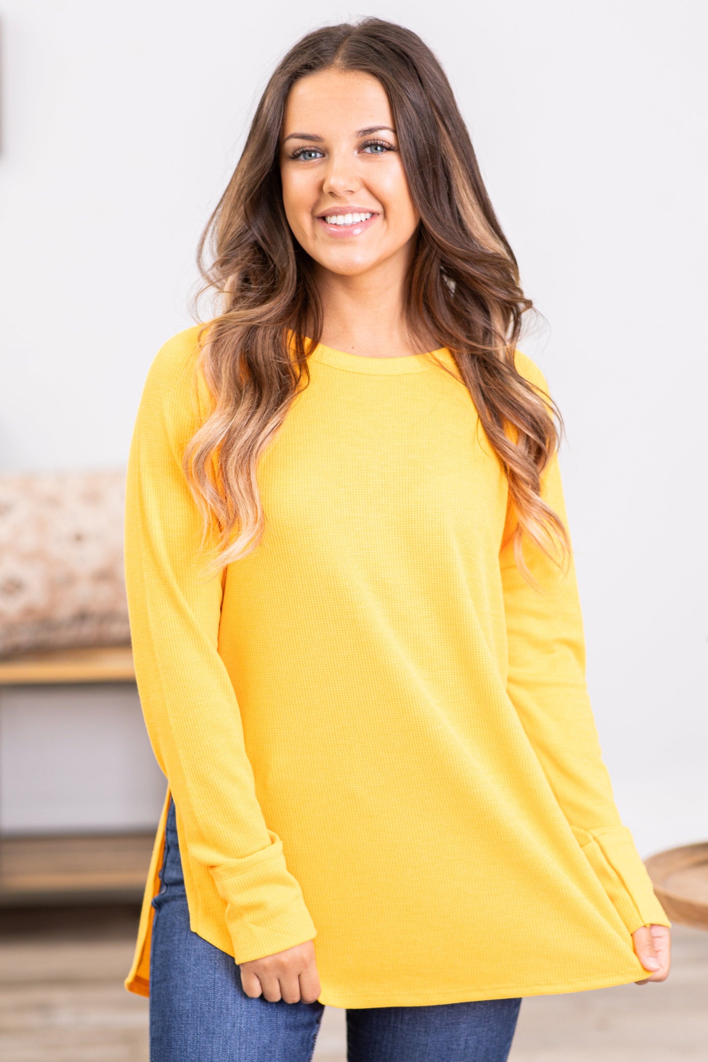 Golden Baby Waffle Knit Top With Side Slit - Filly Flair