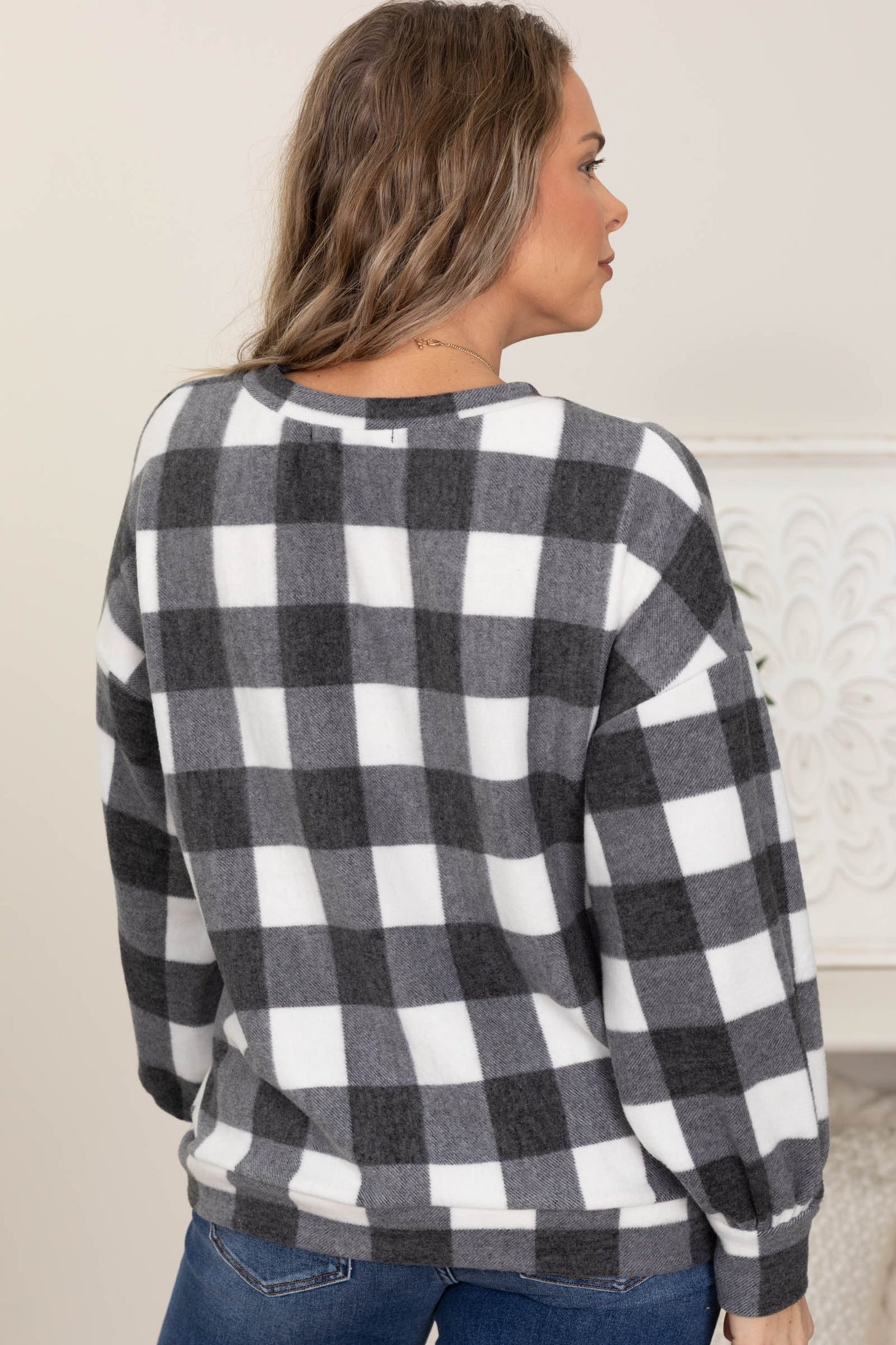 Buffalo Check Plaid Hacci Knit Tops