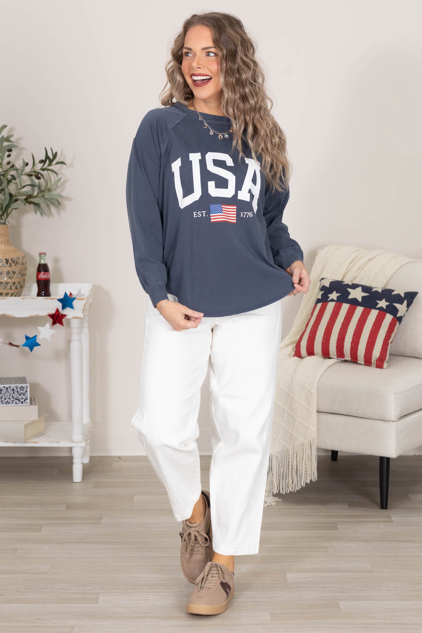 Navy USA Graphic Raglan Long Sleeve Knit Top