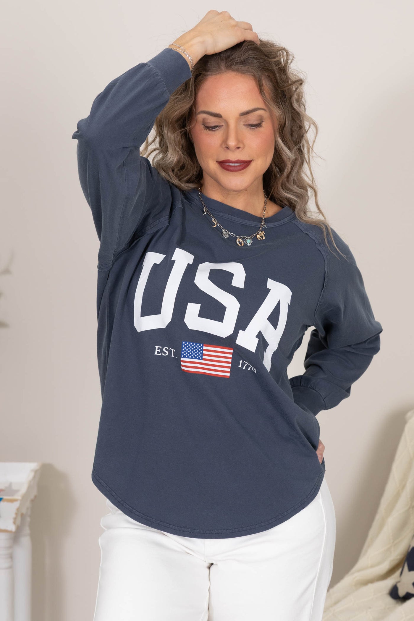 Navy USA Graphic Raglan Long Sleeve Knit Top