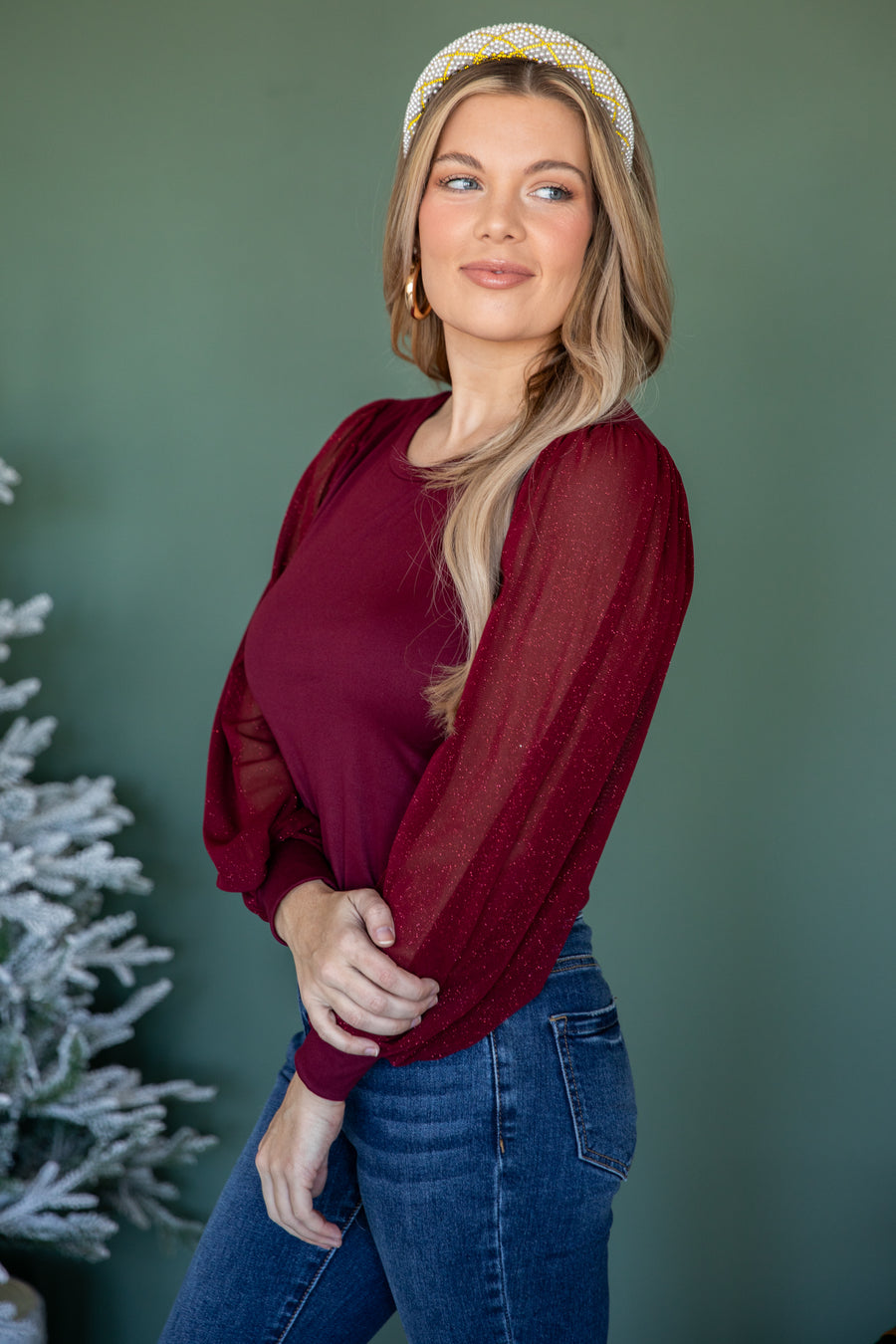 Dark Berry Mesh Balloon Sleeve Top With Lurex