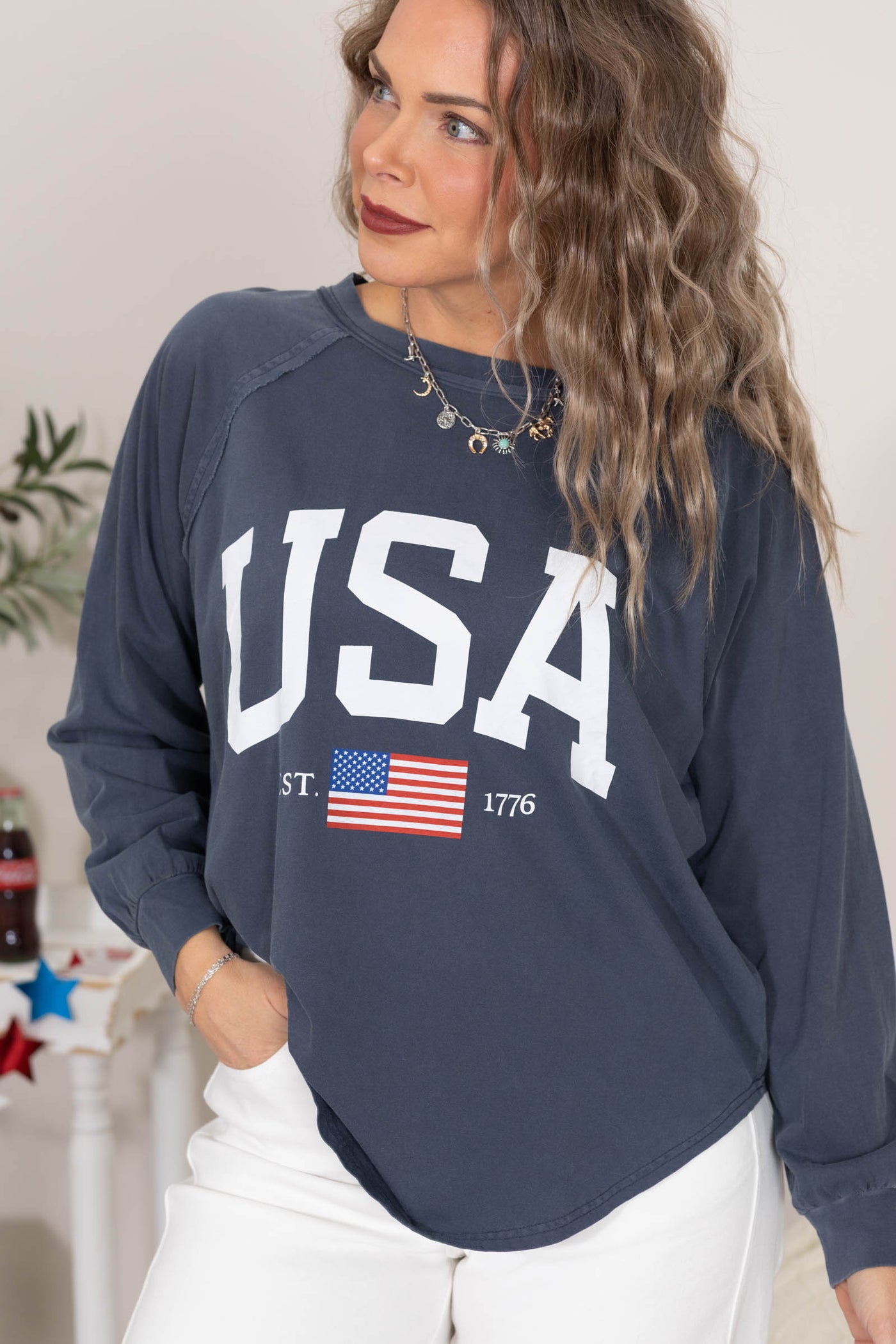 Navy USA Graphic Raglan Long Sleeve Knit Top