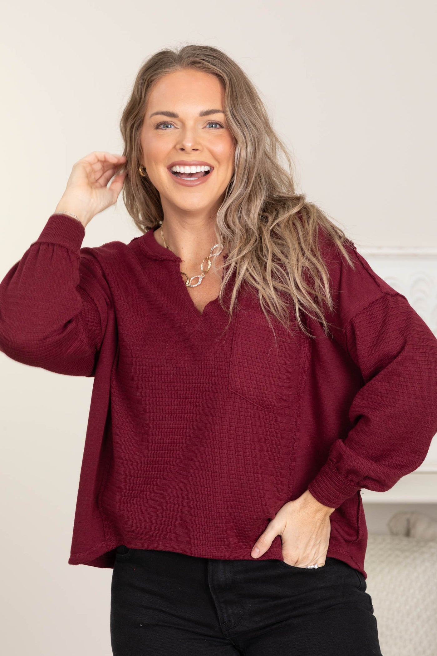 Split Neck Solid Patchwork Knit Tops