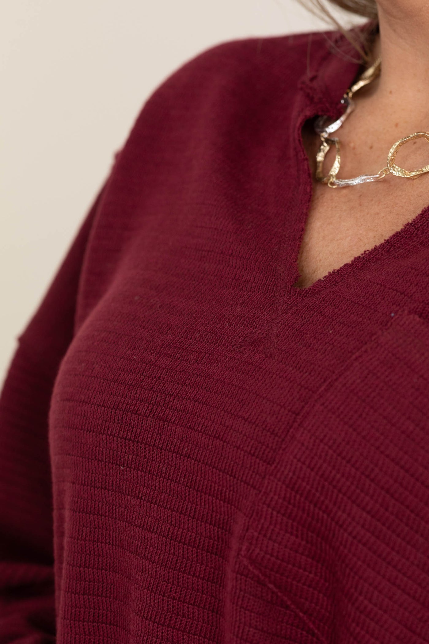 Split Neck Solid Patchwork Knit Tops