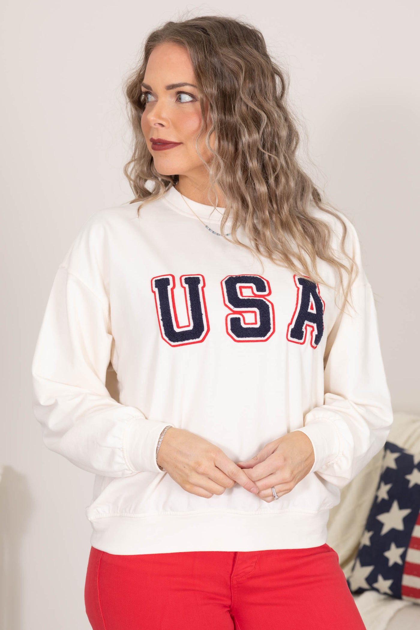 Cream USA Varsity Letter Long Sleeve Knit Top