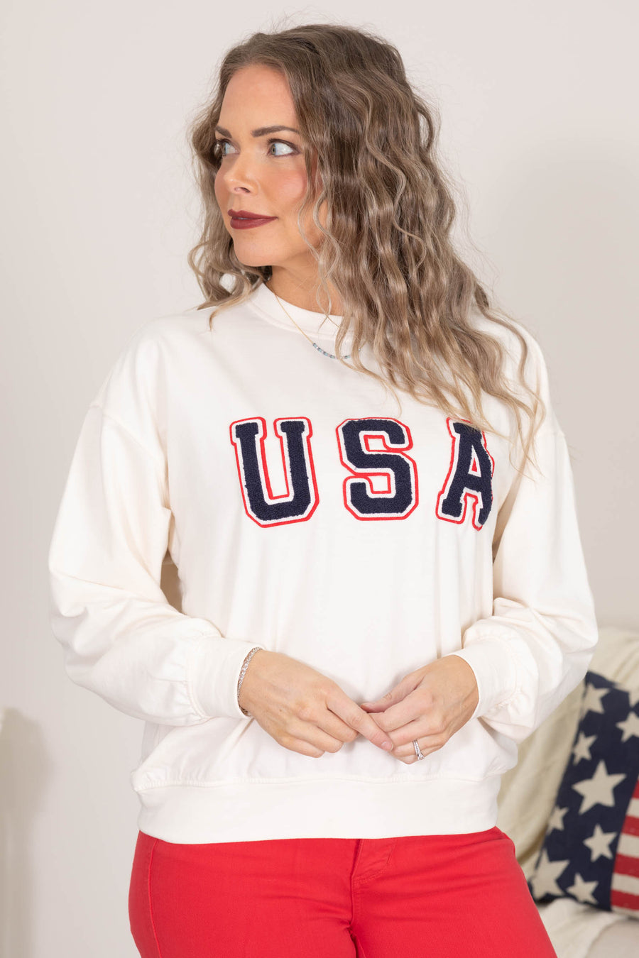 Cream USA Varsity Letter Long Sleeve Knit Top