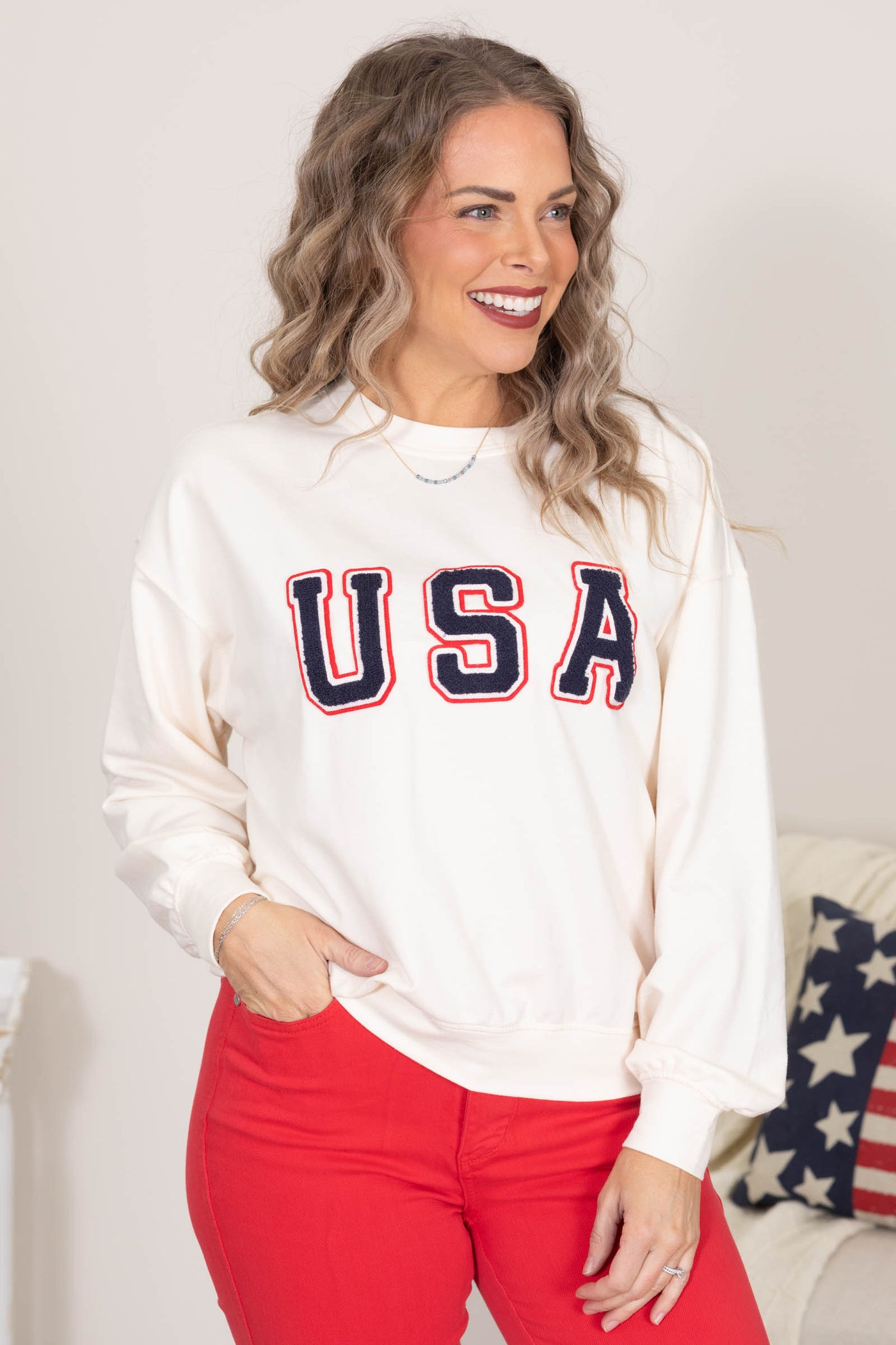 Cream USA Varsity Letter Long Sleeve Knit Top