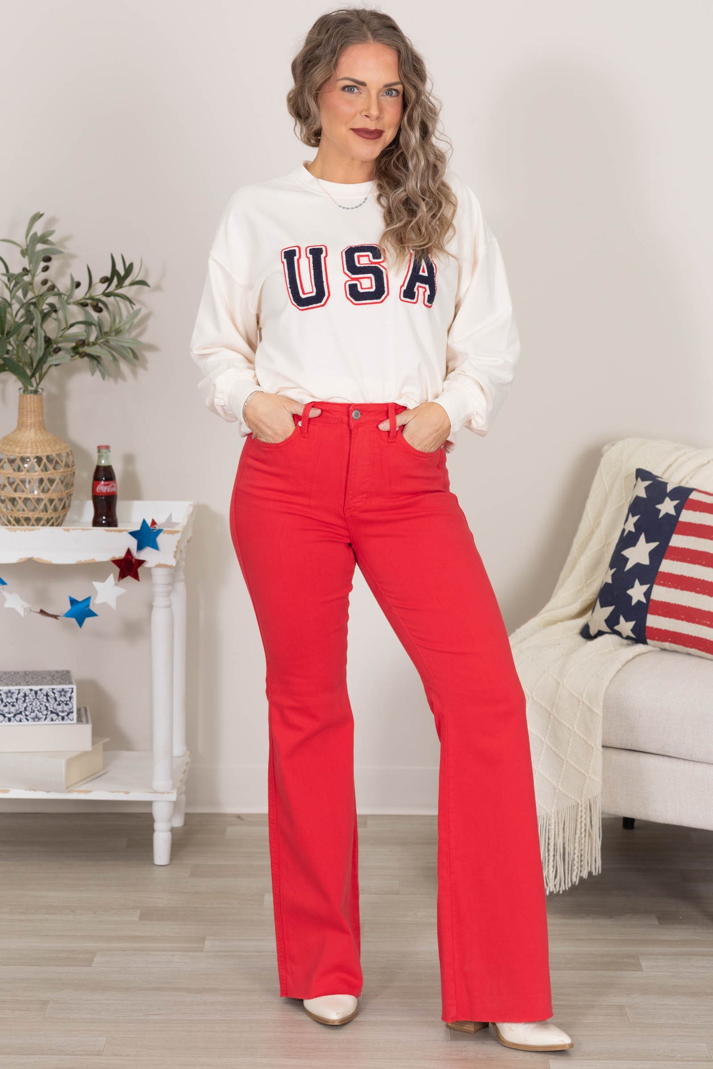 Cream USA Varsity Letter Long Sleeve Knit Top