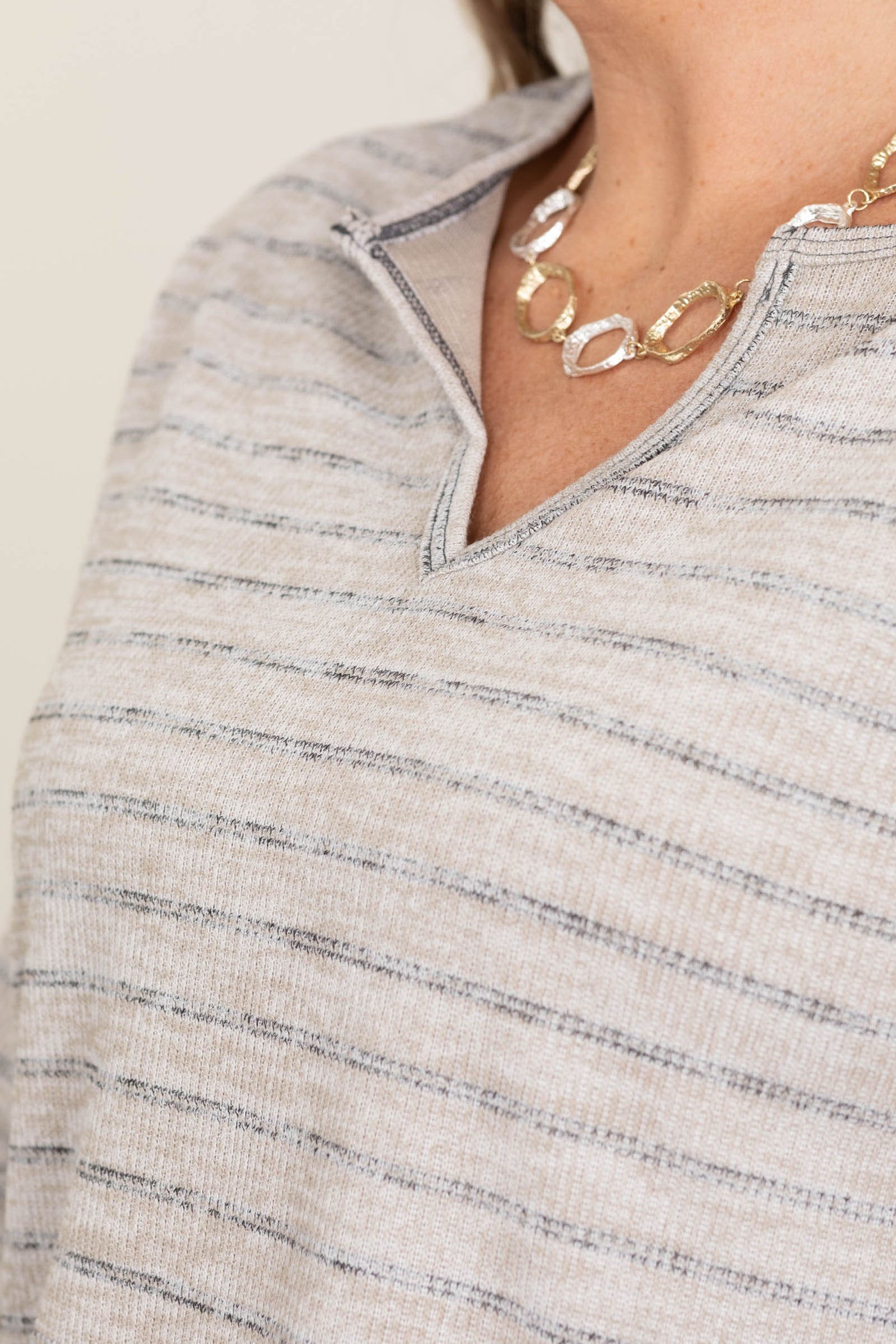 Stripe Split Neck Long Sleeve Marled Knit Tops