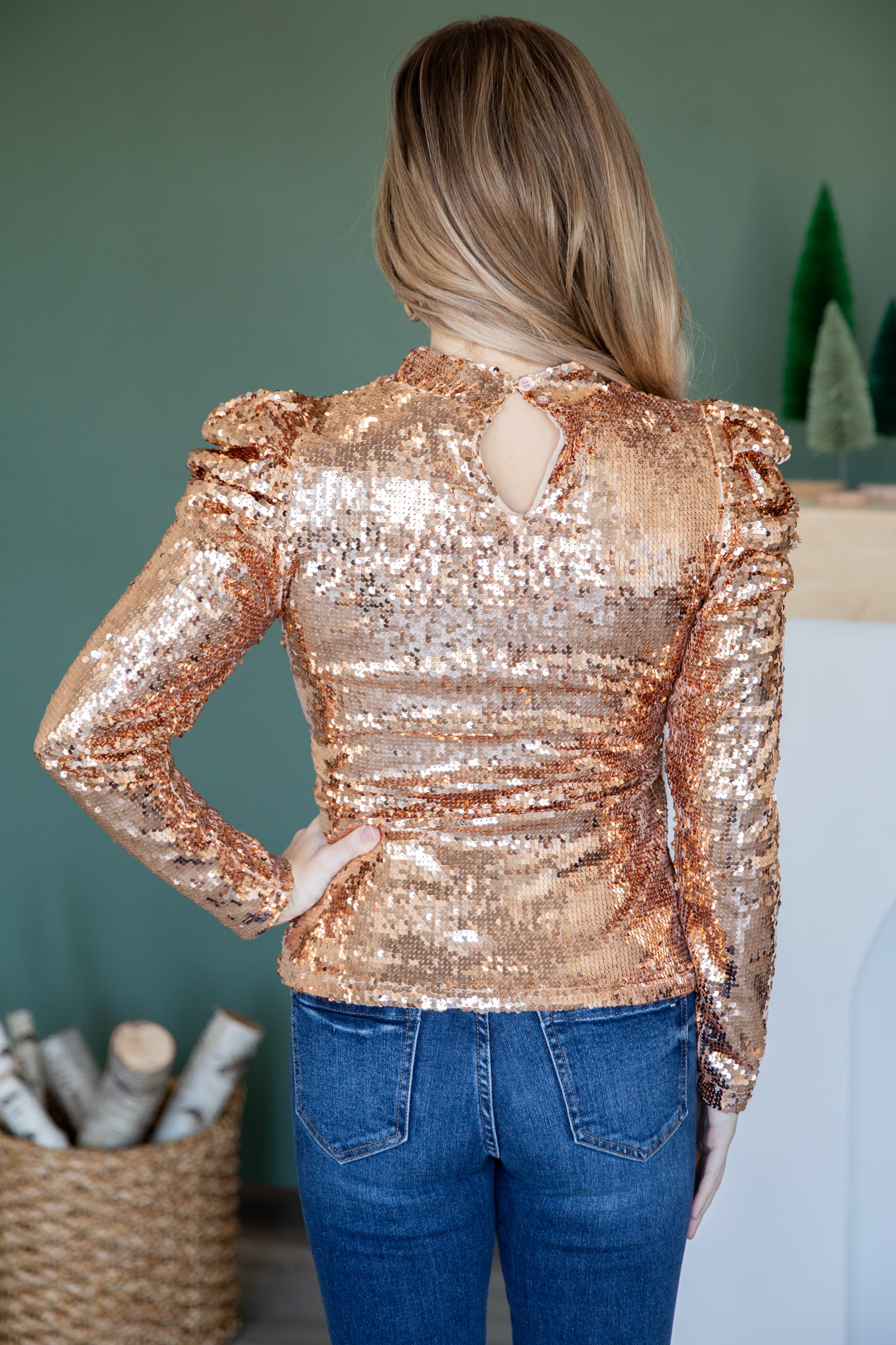 Rose Gold Sequin Puff Sleeve Top