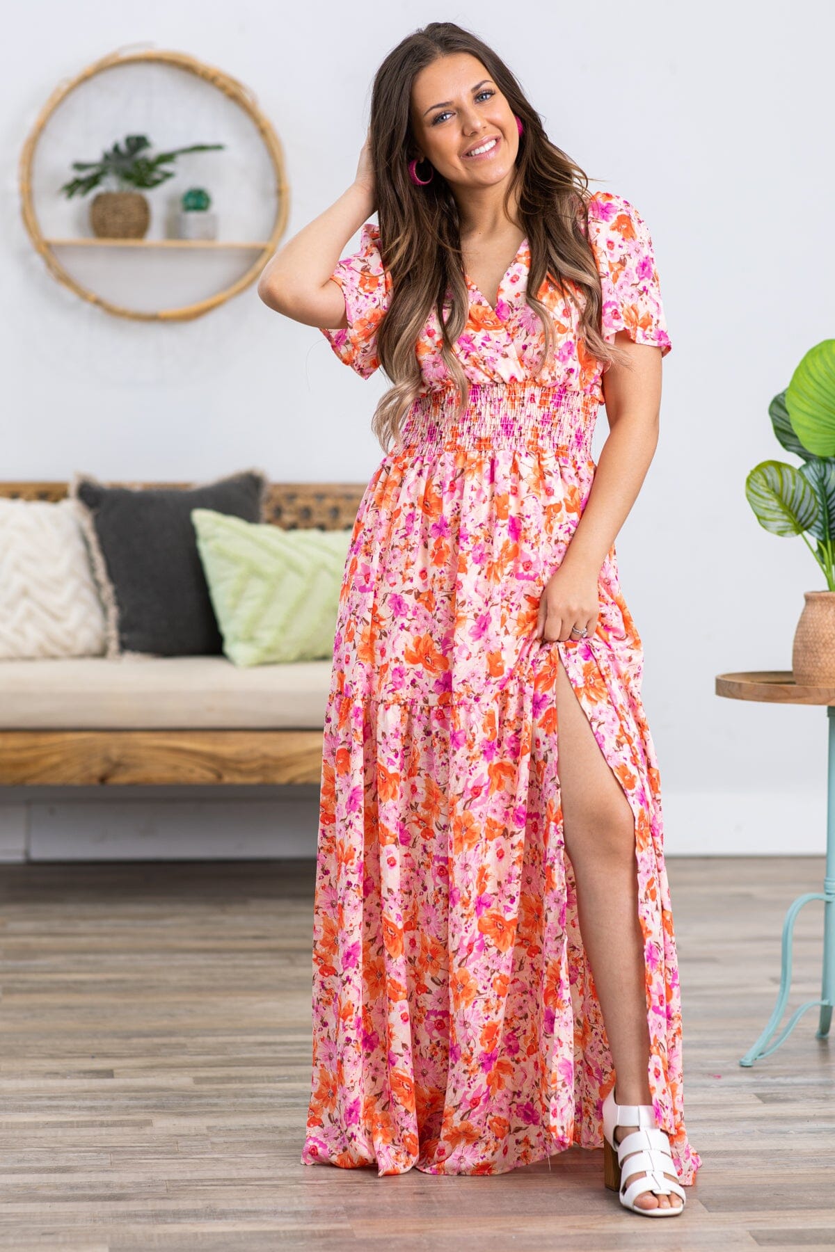 Pink and Coral Short Sleeve Maxi Dress - Filly Flair