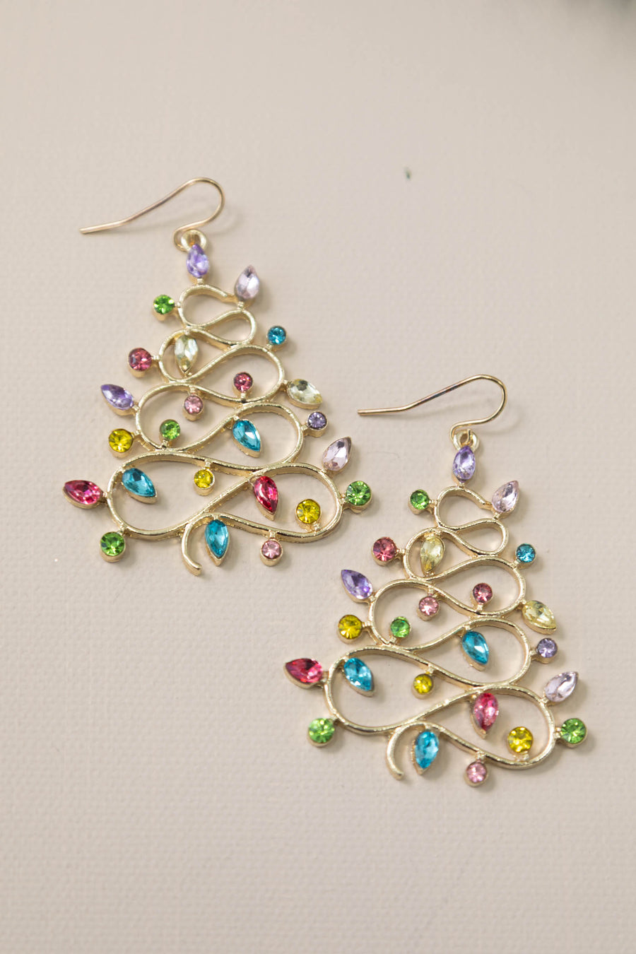 Gold Christmas Tree Drop Rhinestone Earrings