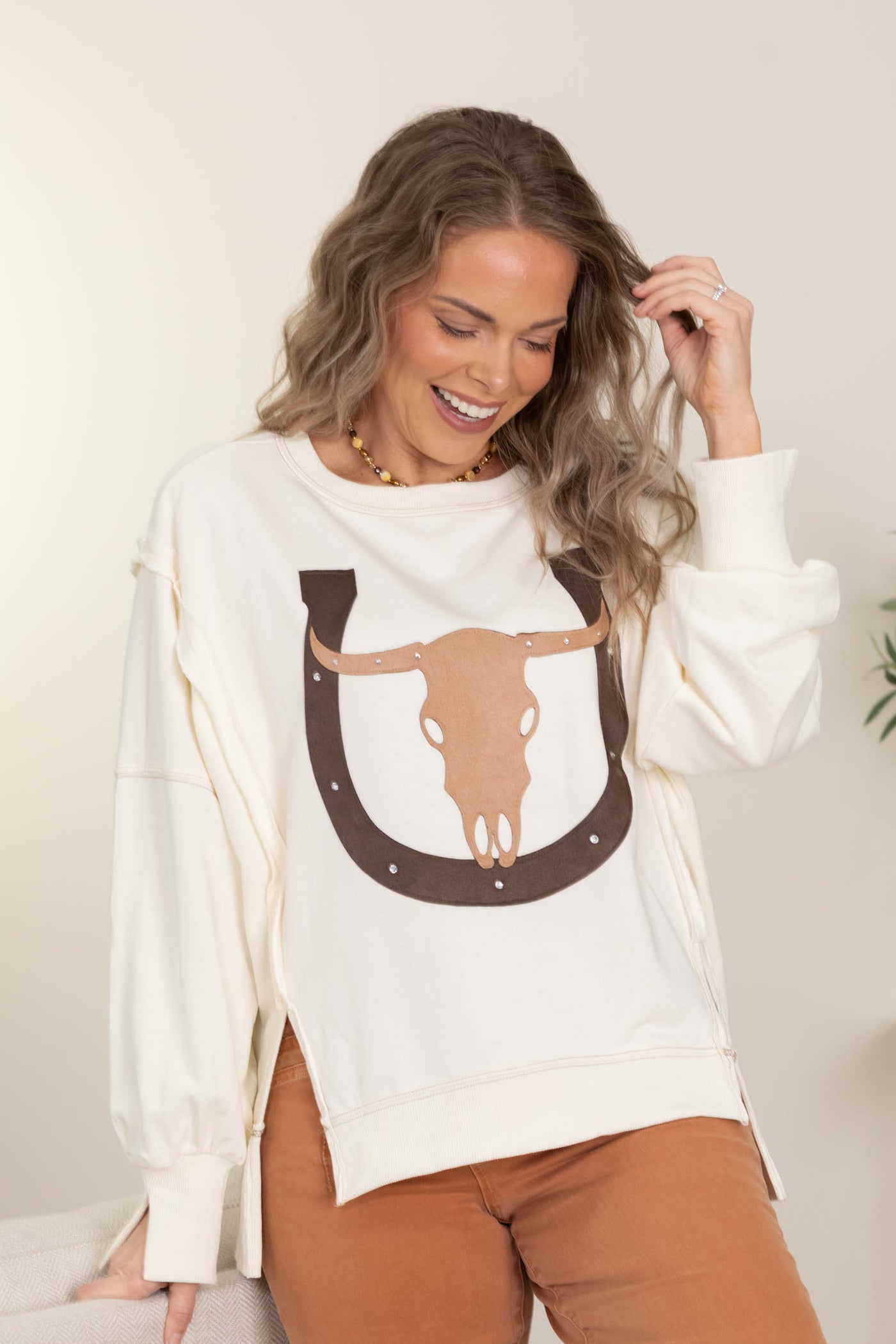 Cream Oversized Sweatshirt With Bull Skull
