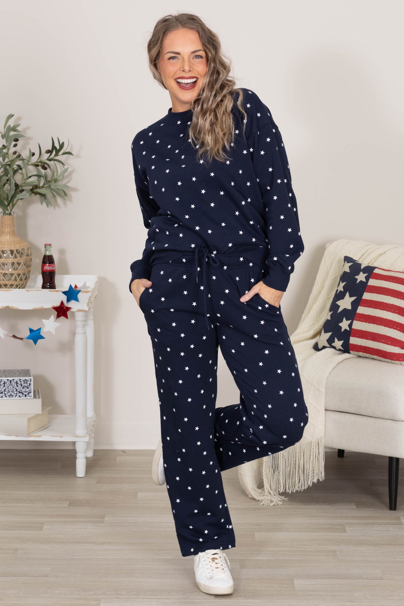 Navy Fleece Pants With Star Print